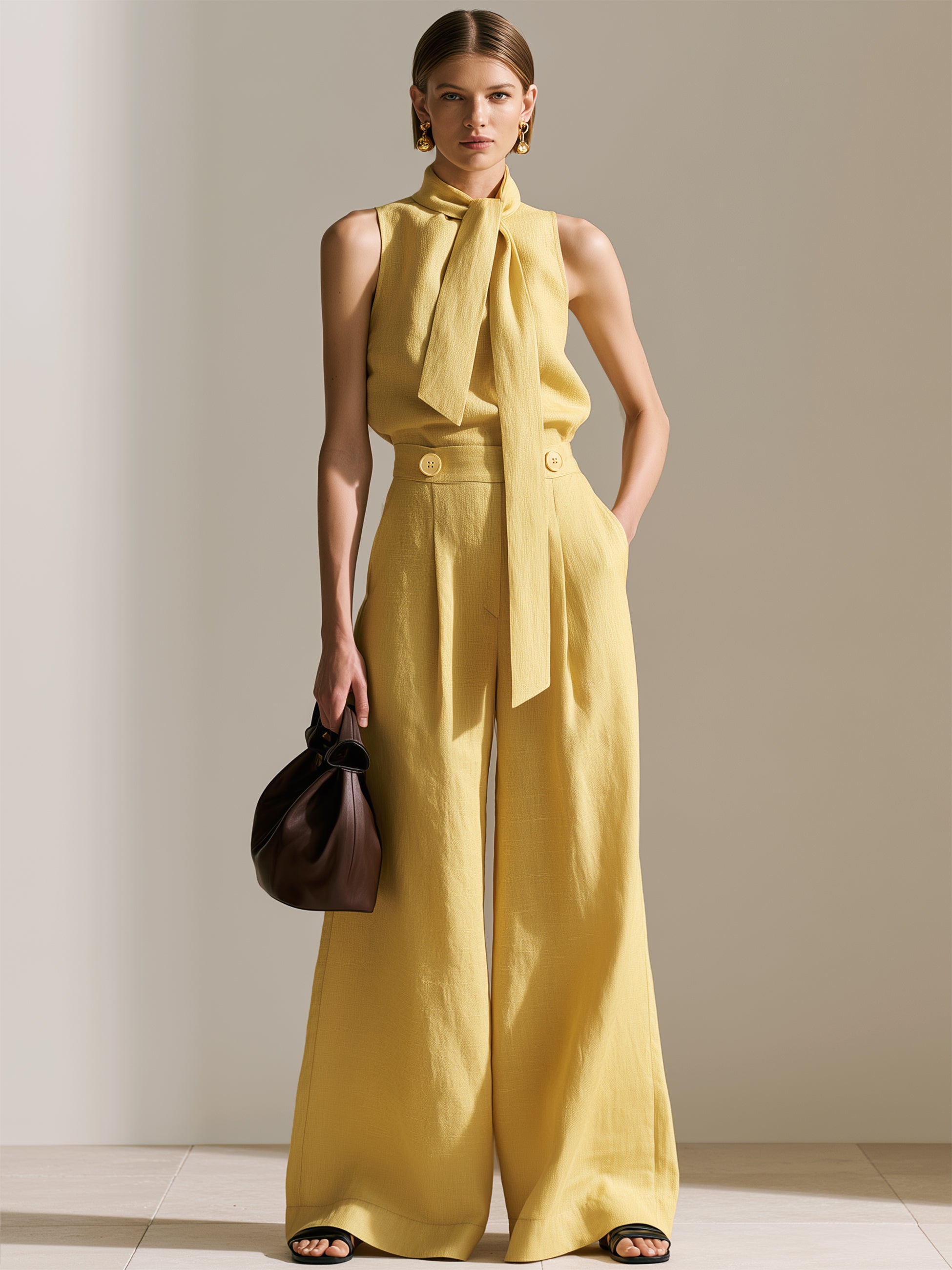 Elegant Linen Suit :Scarf Tie Neck Sleeveless Blouse & Wide Leg Pants