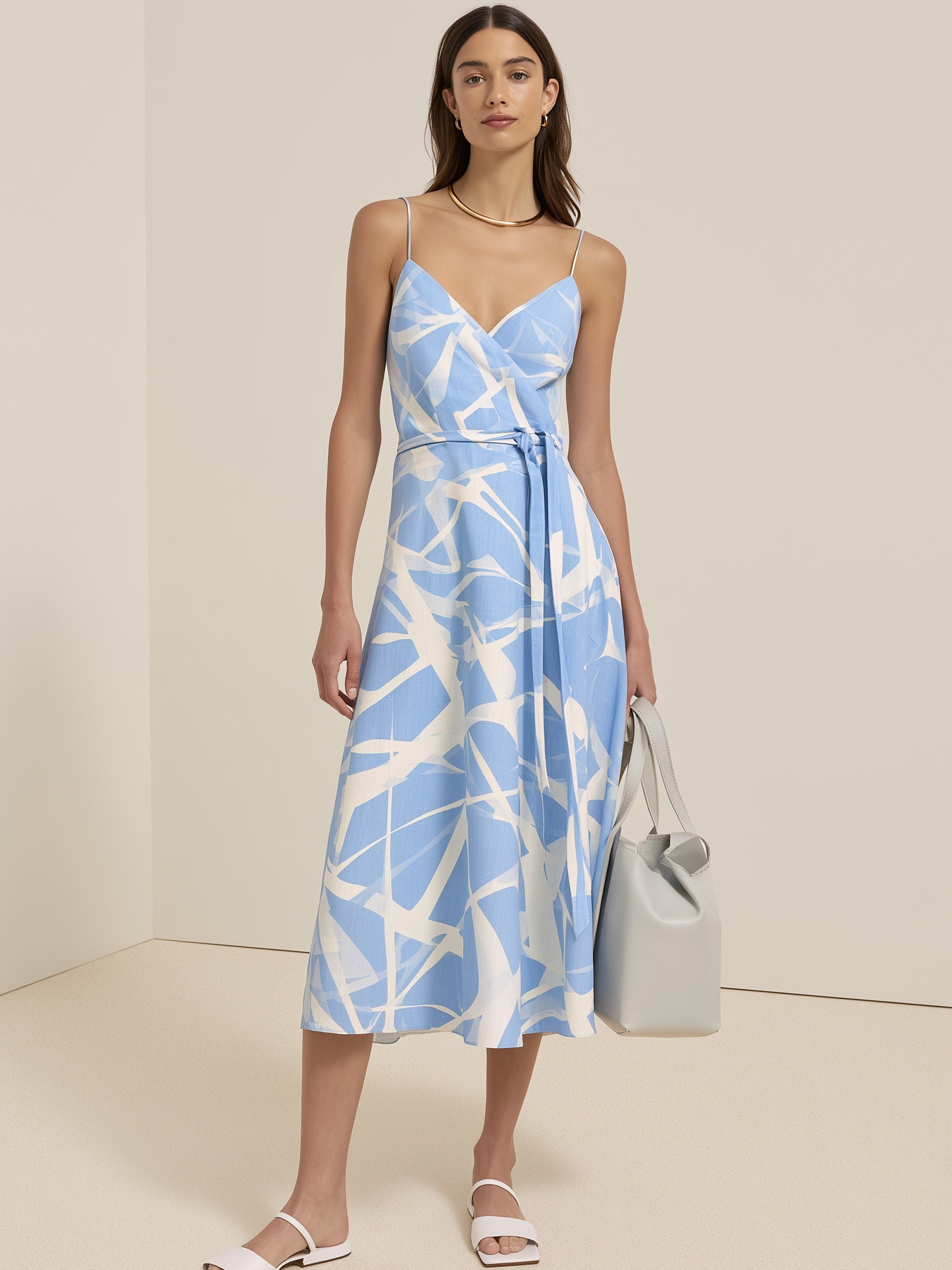 French Relaxed Sky Blue Abstract Print Wrap Cami Midi Dress