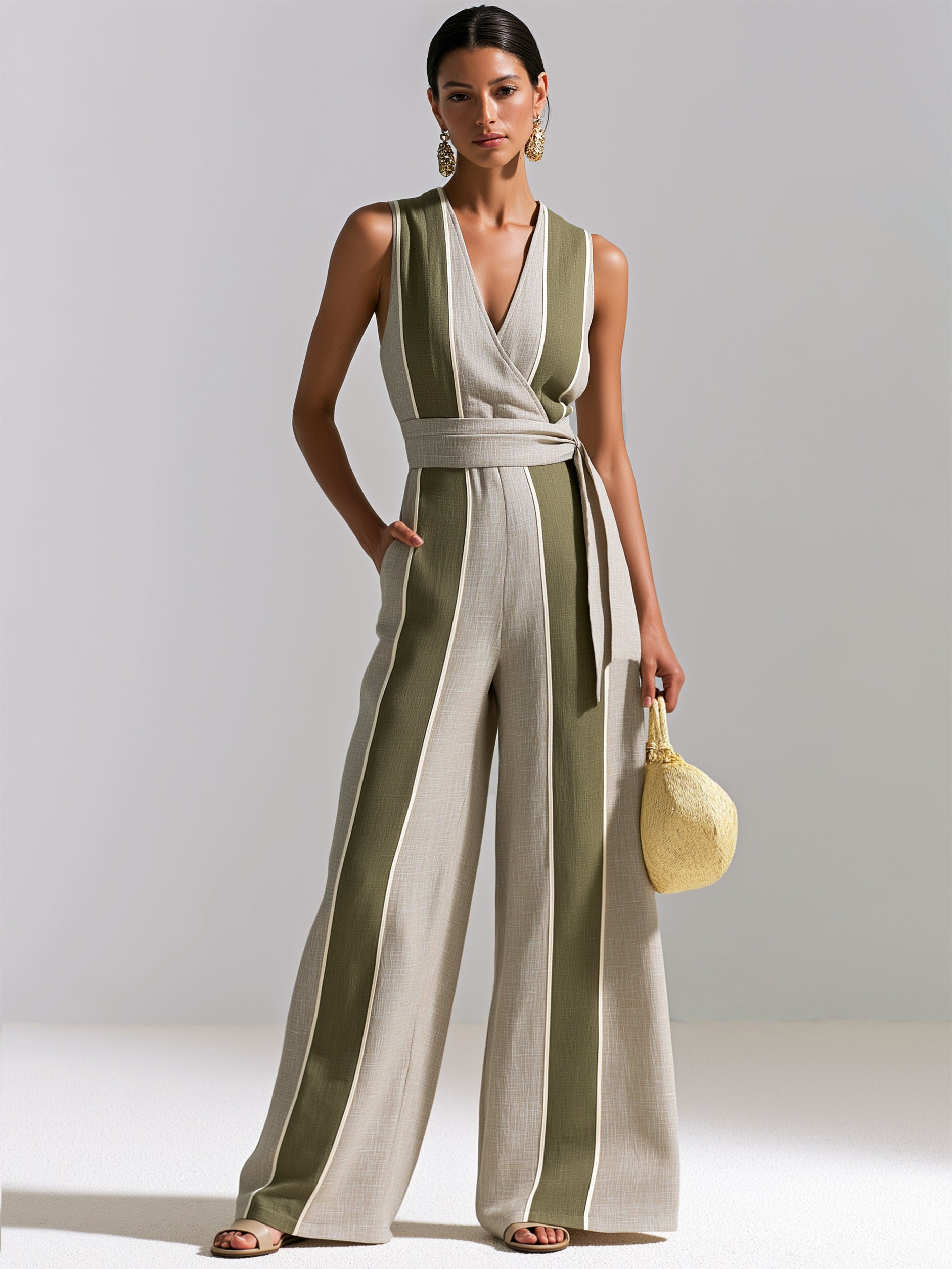 Elegant Linen V NeckJumpsuit With Contrast Stripe Paneling
