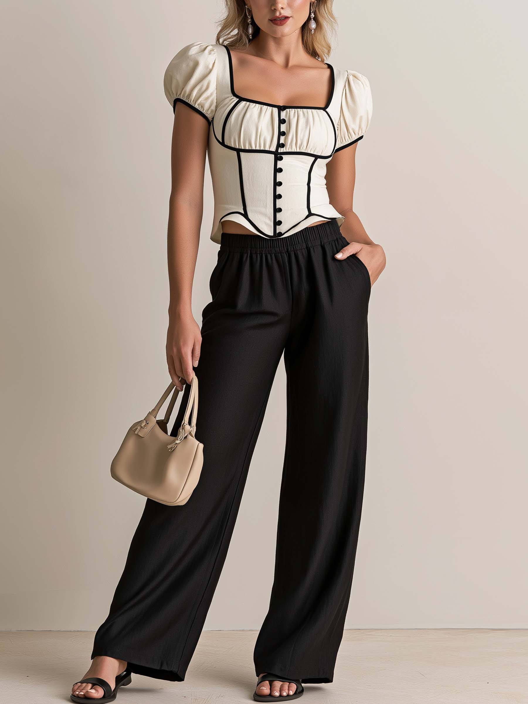 Elegant  Matching Suit :Contrast Trim Top & High Rise Wide Leg Pants