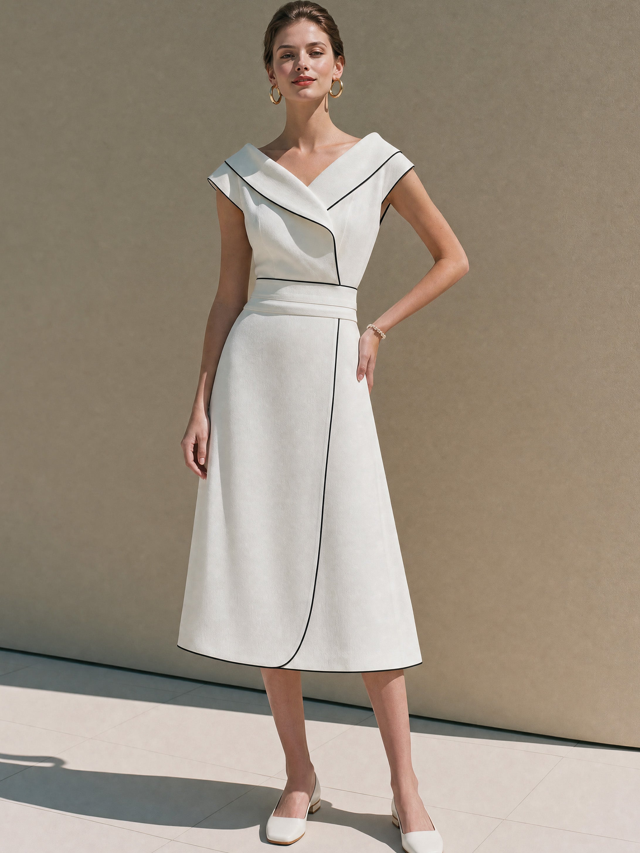 Elegant Ivory Black Piping Wrap Waist Work Midi Dress