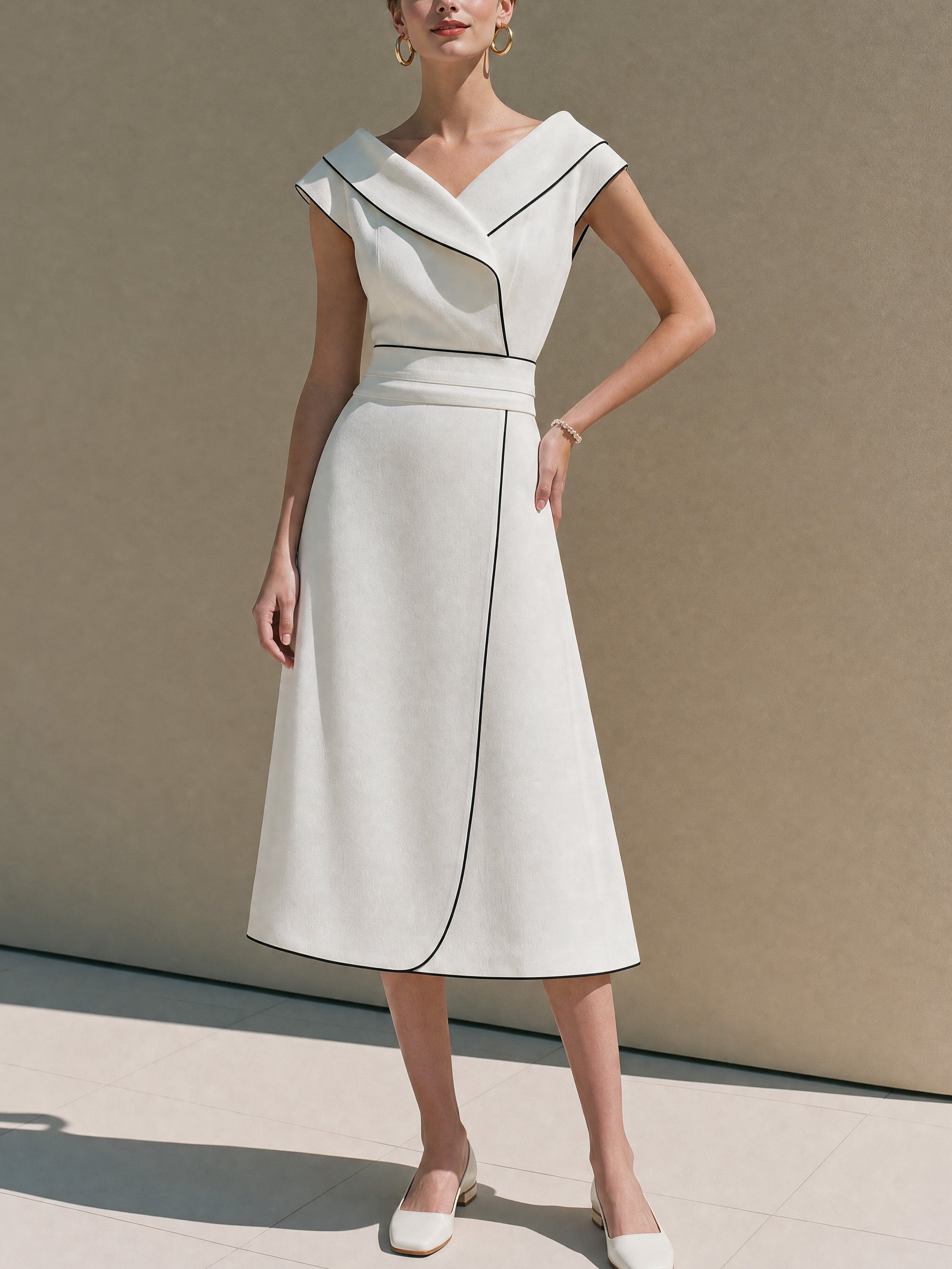 Elegant Ivory Black Piping Wrap Waist Work Midi Dress