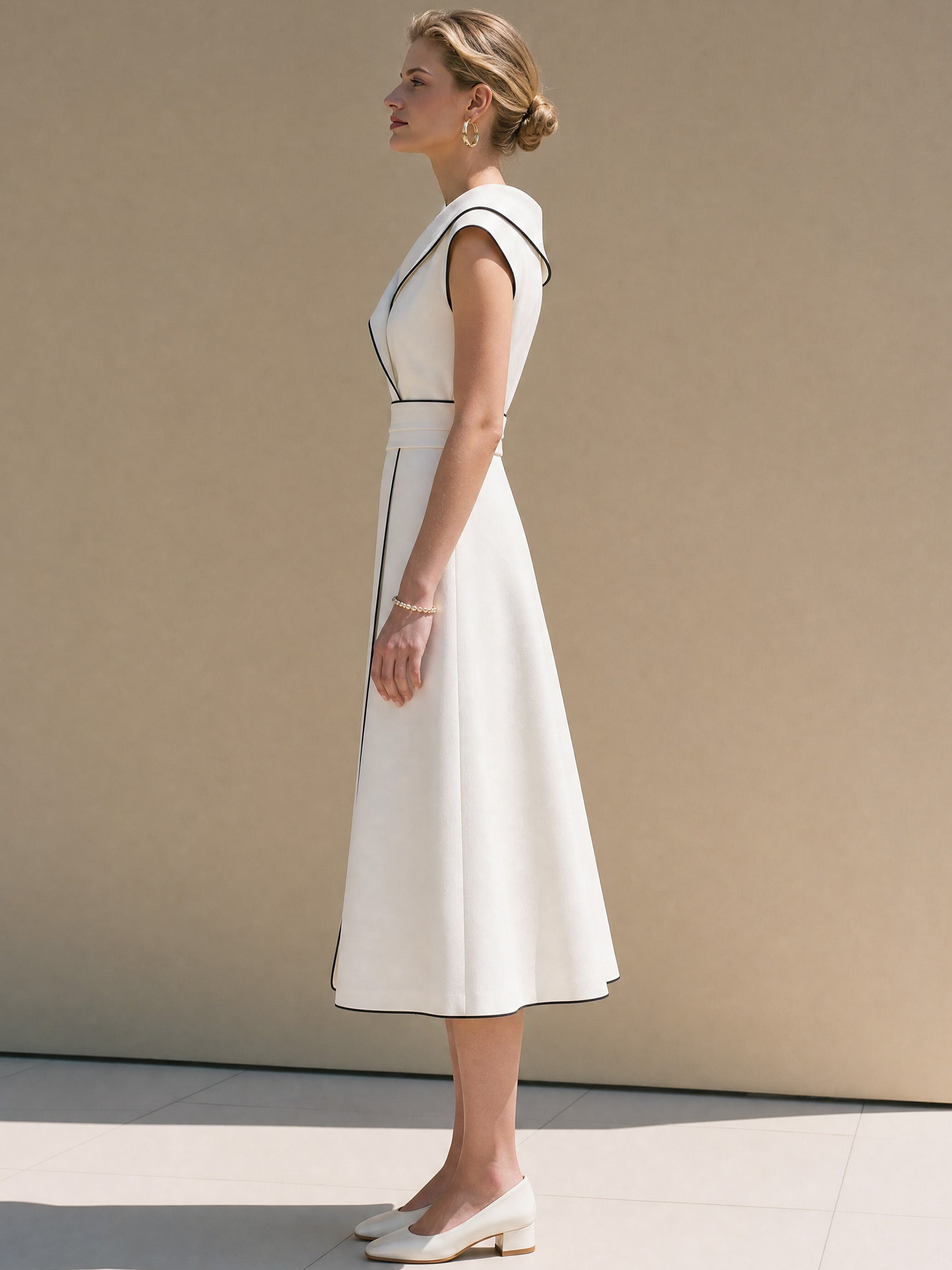 Elegant Ivory Black Piping Wrap Waist Work Midi Dress
