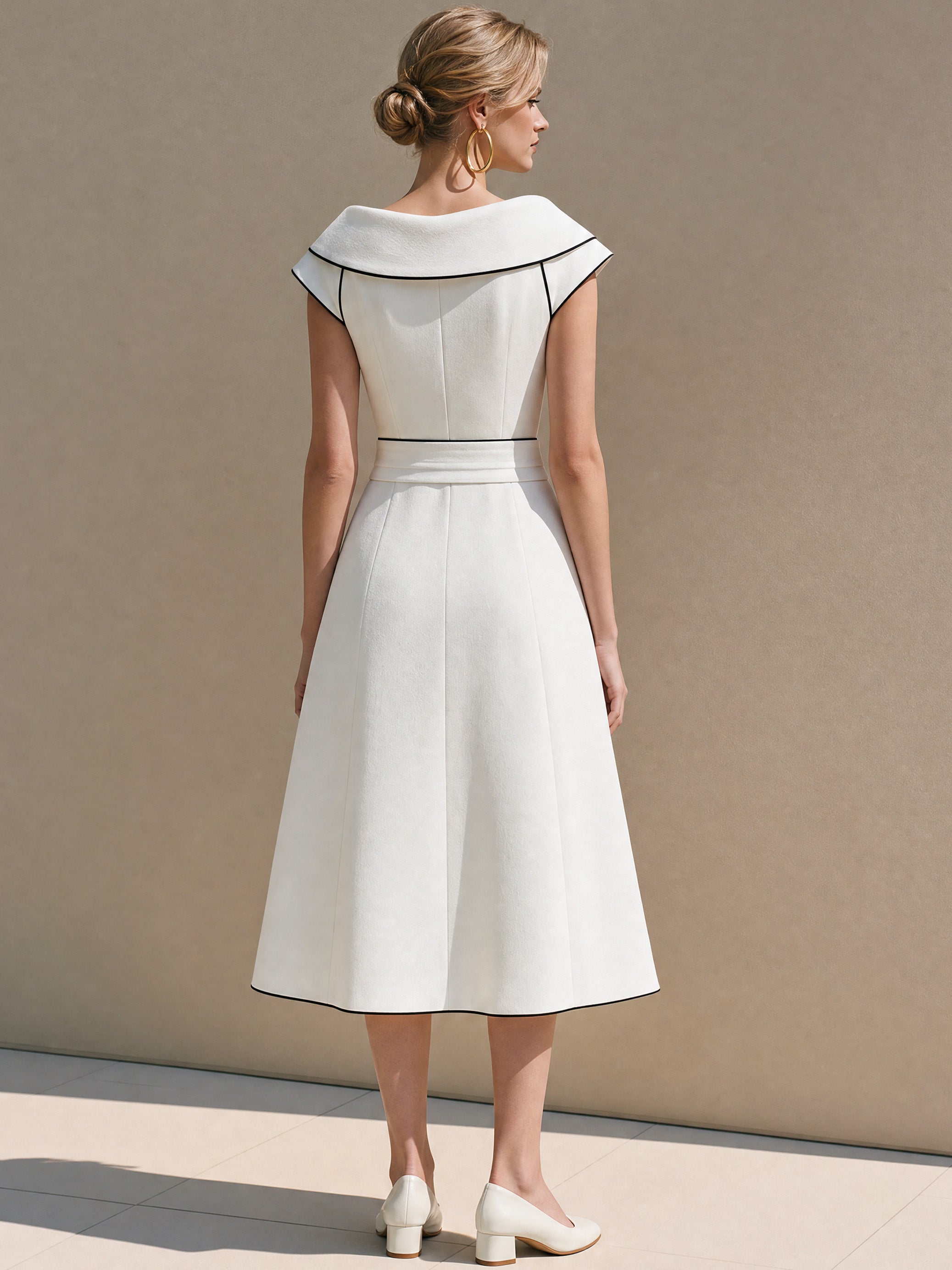 Elegant Ivory Black Piping Wrap Waist Work Midi Dress