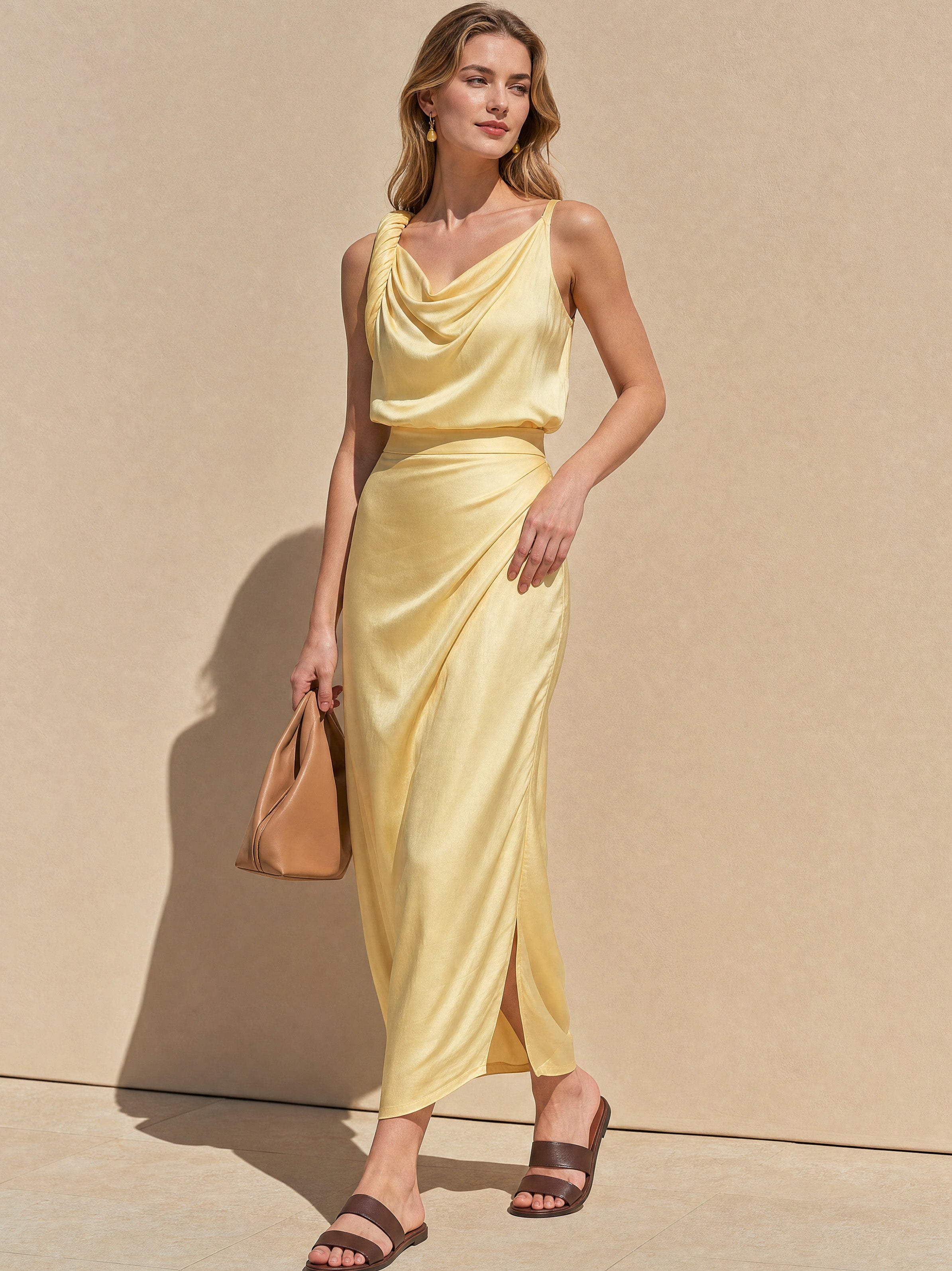 Vacation Style Butter Yellow Cowl Neck Twist Strap Satin Slit Dress