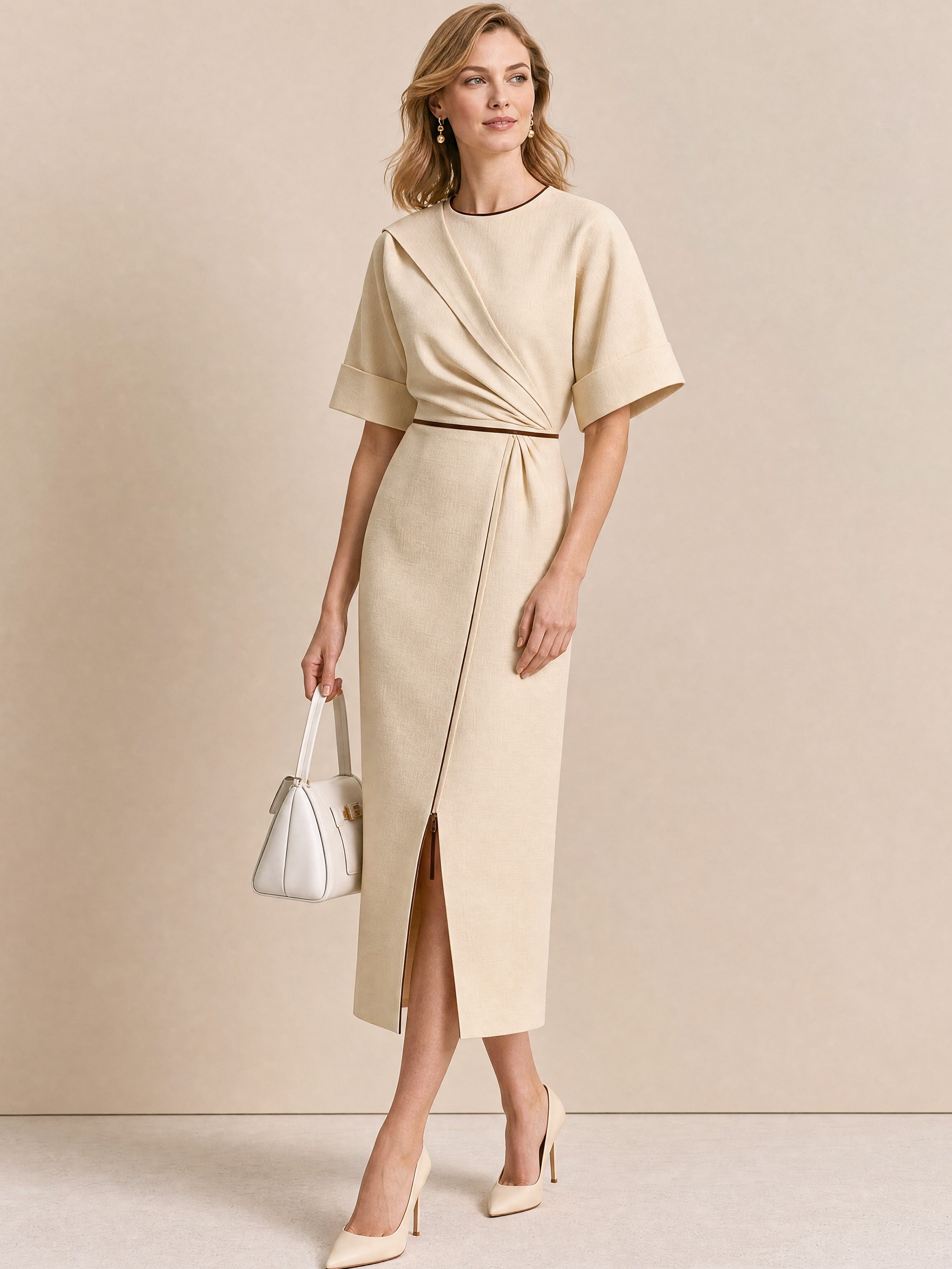 Elegant Sophisticated Light Apricot Trimmed Twist Front Slit Dress