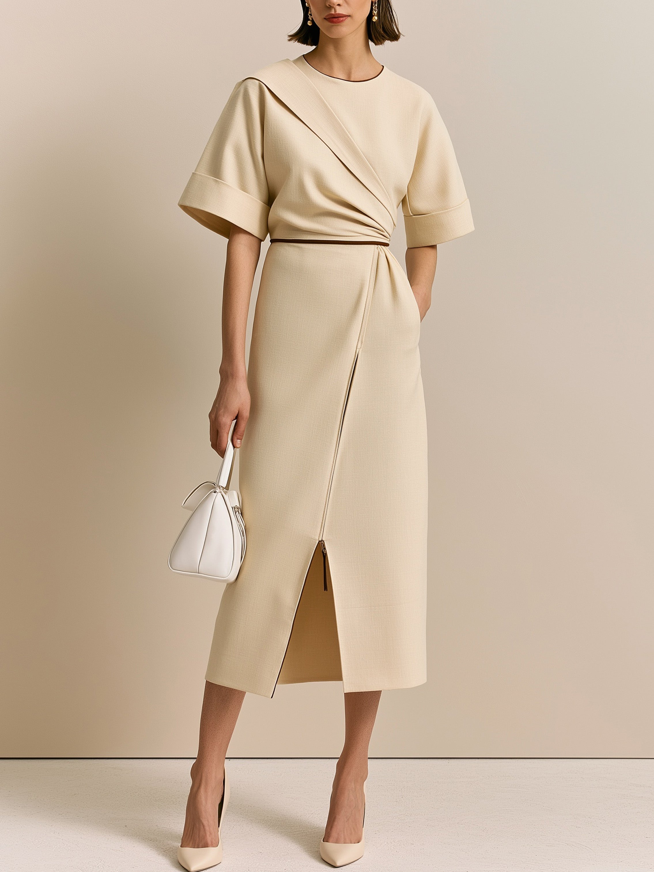 Elegant Sophisticated Light Apricot Trimmed Twist Front Slit Dress
