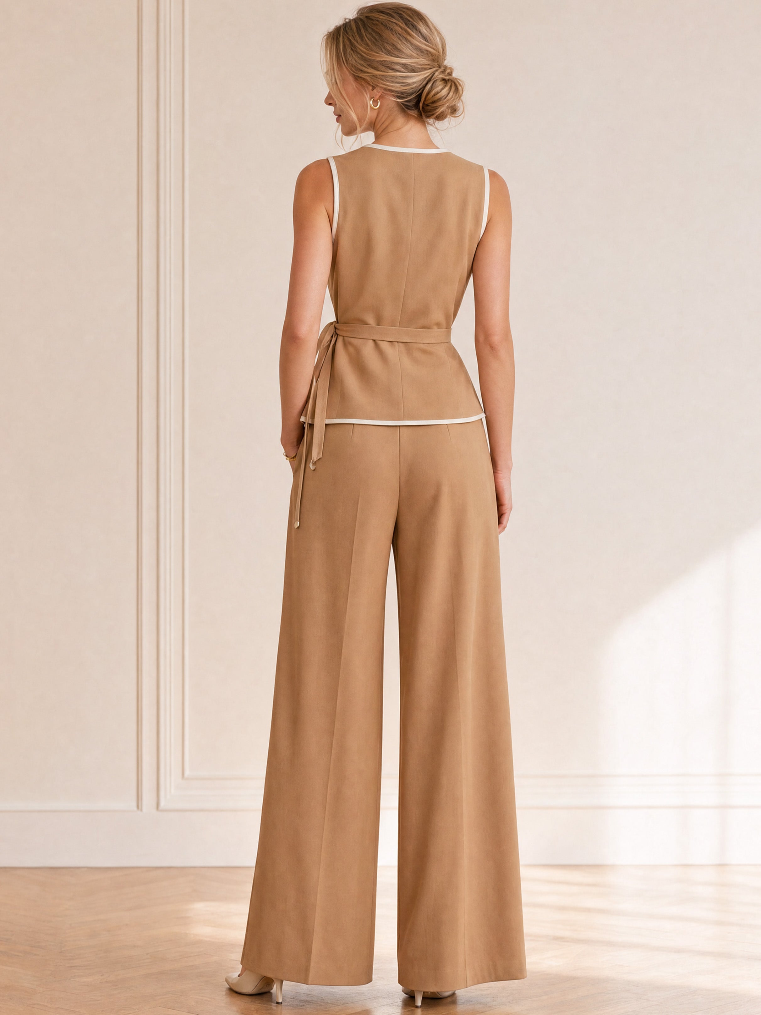 French Commute Khaki Trimmed Tie-Waist Sleeveless Blazer Trouser Set
