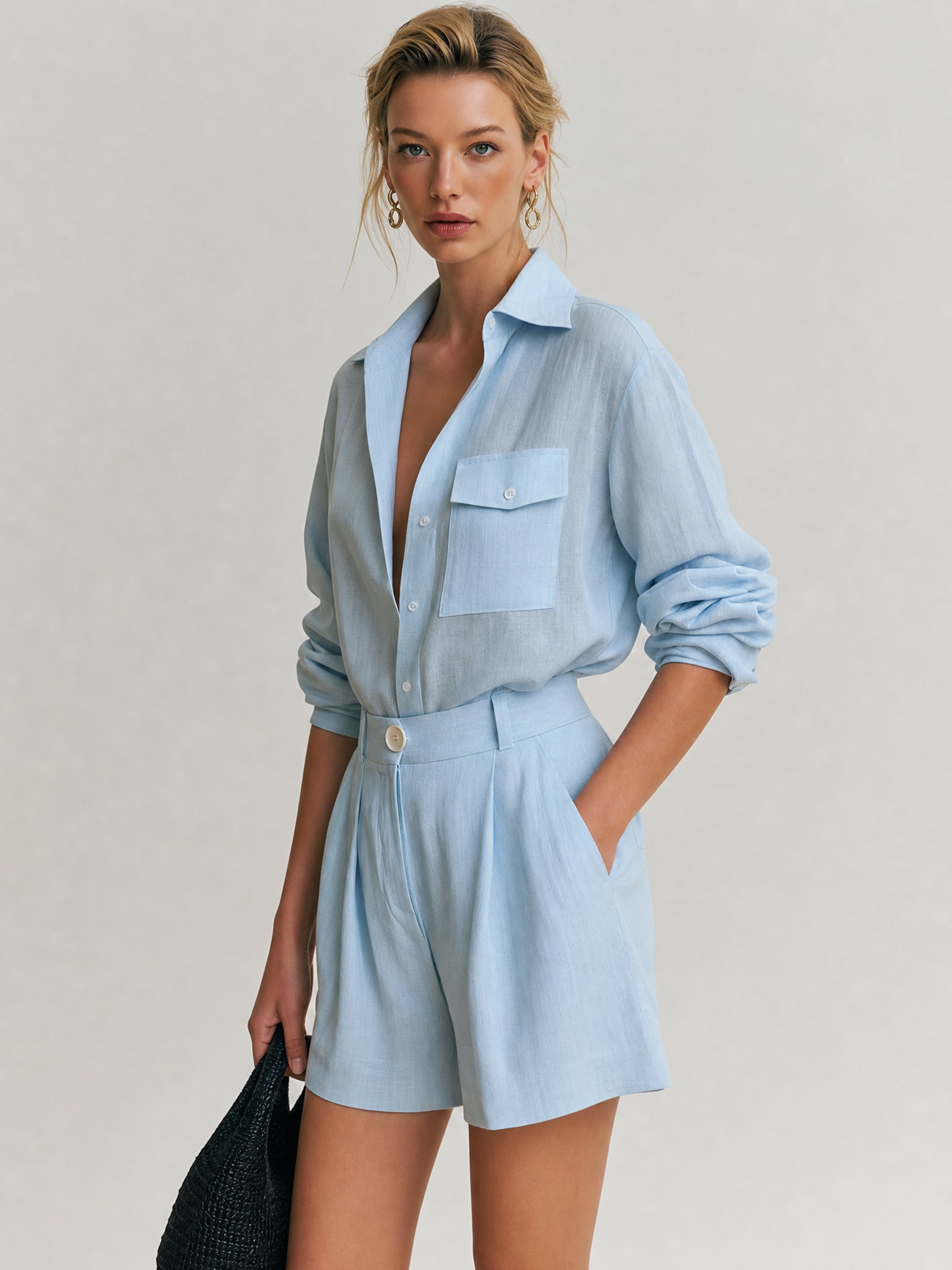 Elegant Linen Long Sleeve Shirt & High Rise  Tailored Shorts Set