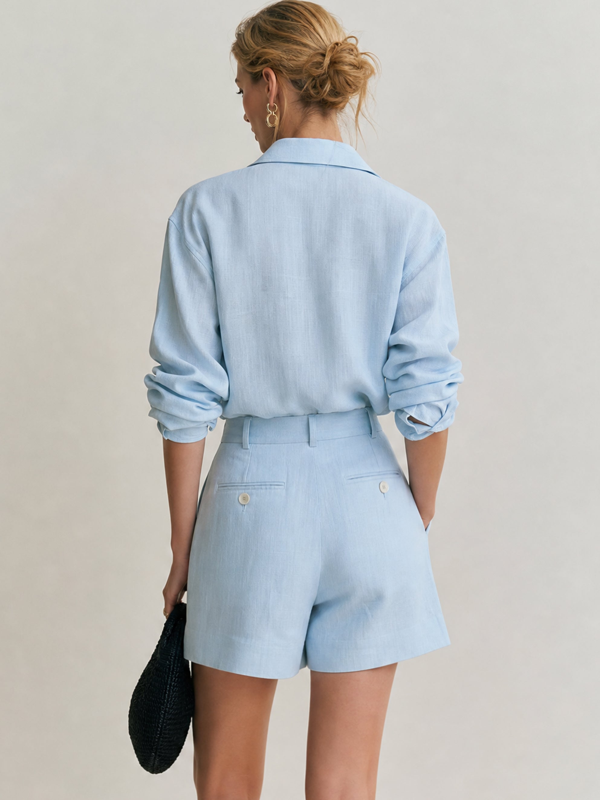 Elegant Linen Long Sleeve Shirt & High Rise  Tailored Shorts Set