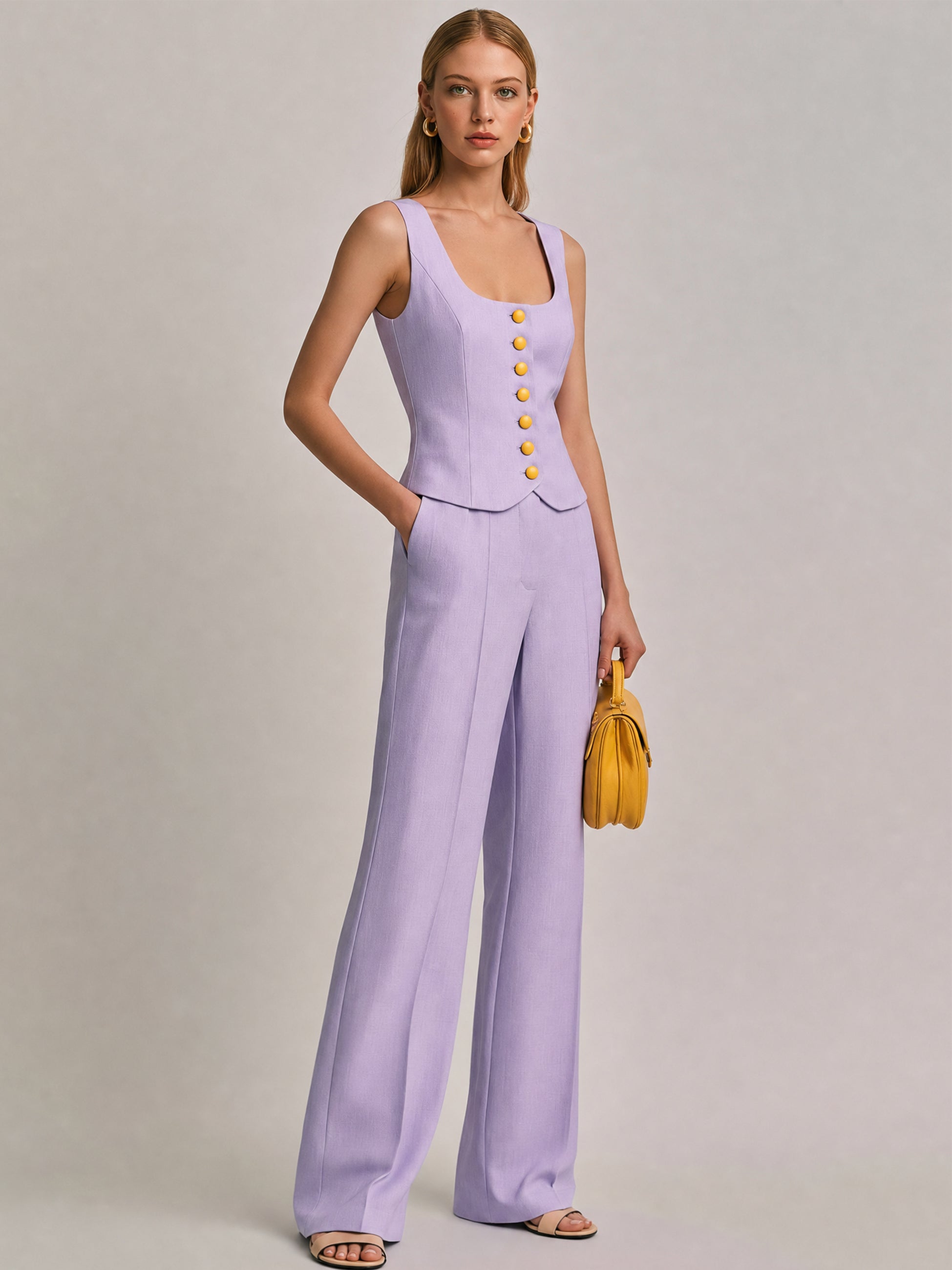 Tailored Suiting Set : Sleeveless Square Neck Waistcoat & Wide Leg Pants