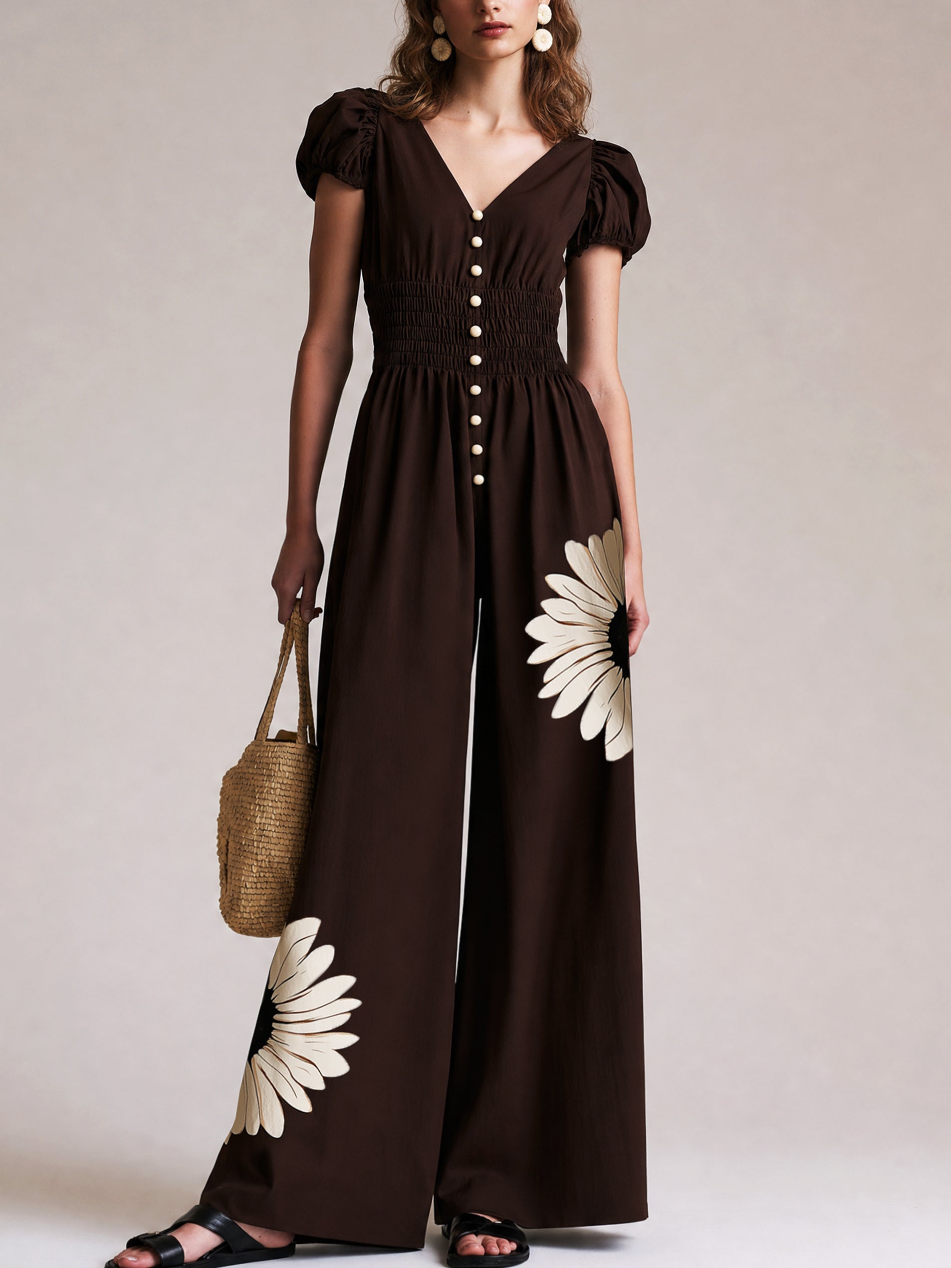 Floral Cotton V Neck Jumpsuit With Short Sleeves &Wide Leg Trousers