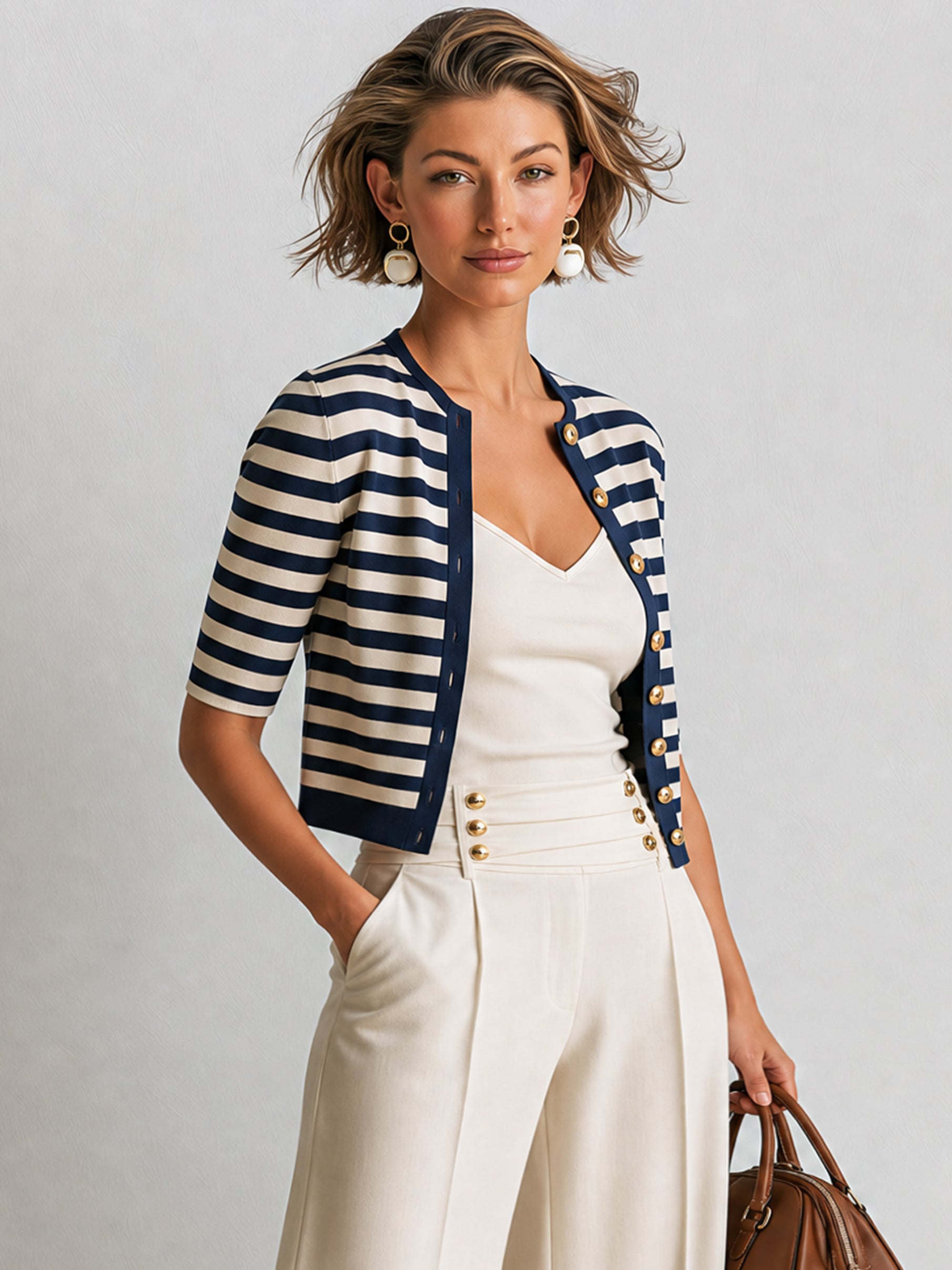 Elegant Knit Cardigan With Classic Breton Stripe &  Elbow-Length Sleeves