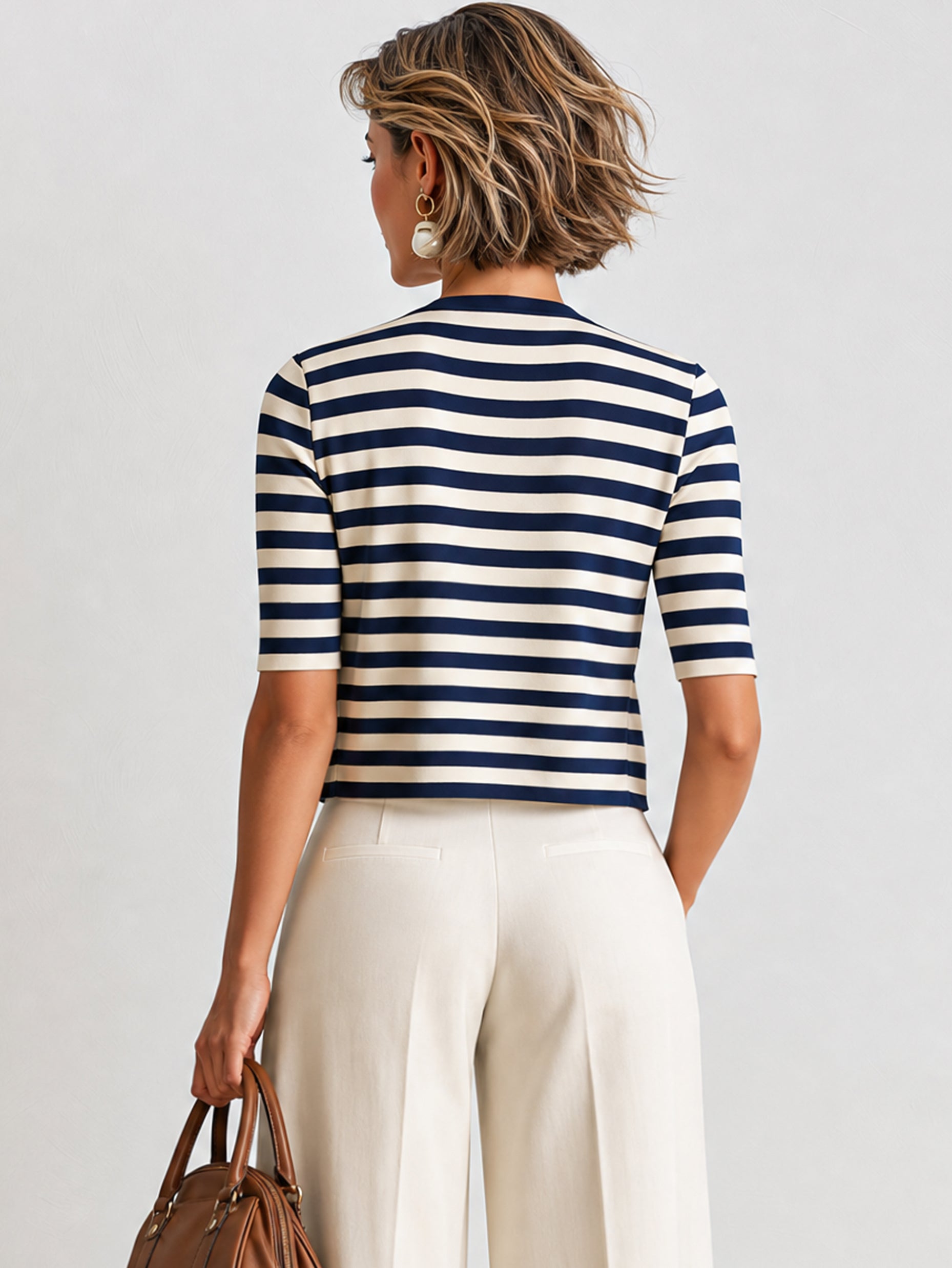 Elegant Knit Cardigan With Classic Breton Stripe &  Elbow-Length Sleeves