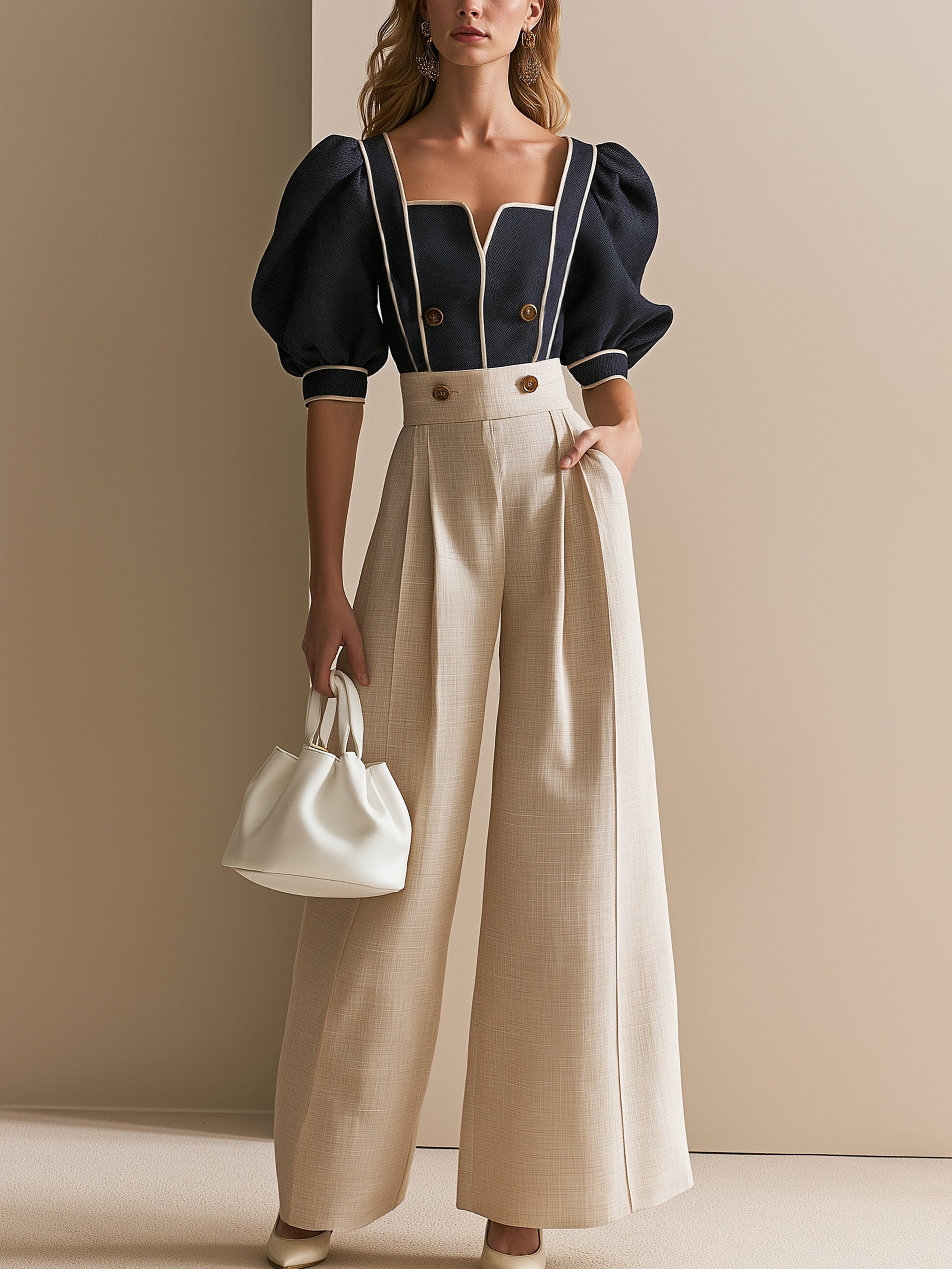 Elegant Sophisticated Contrast Trim Square Neck Waisted Draped Trouser Set