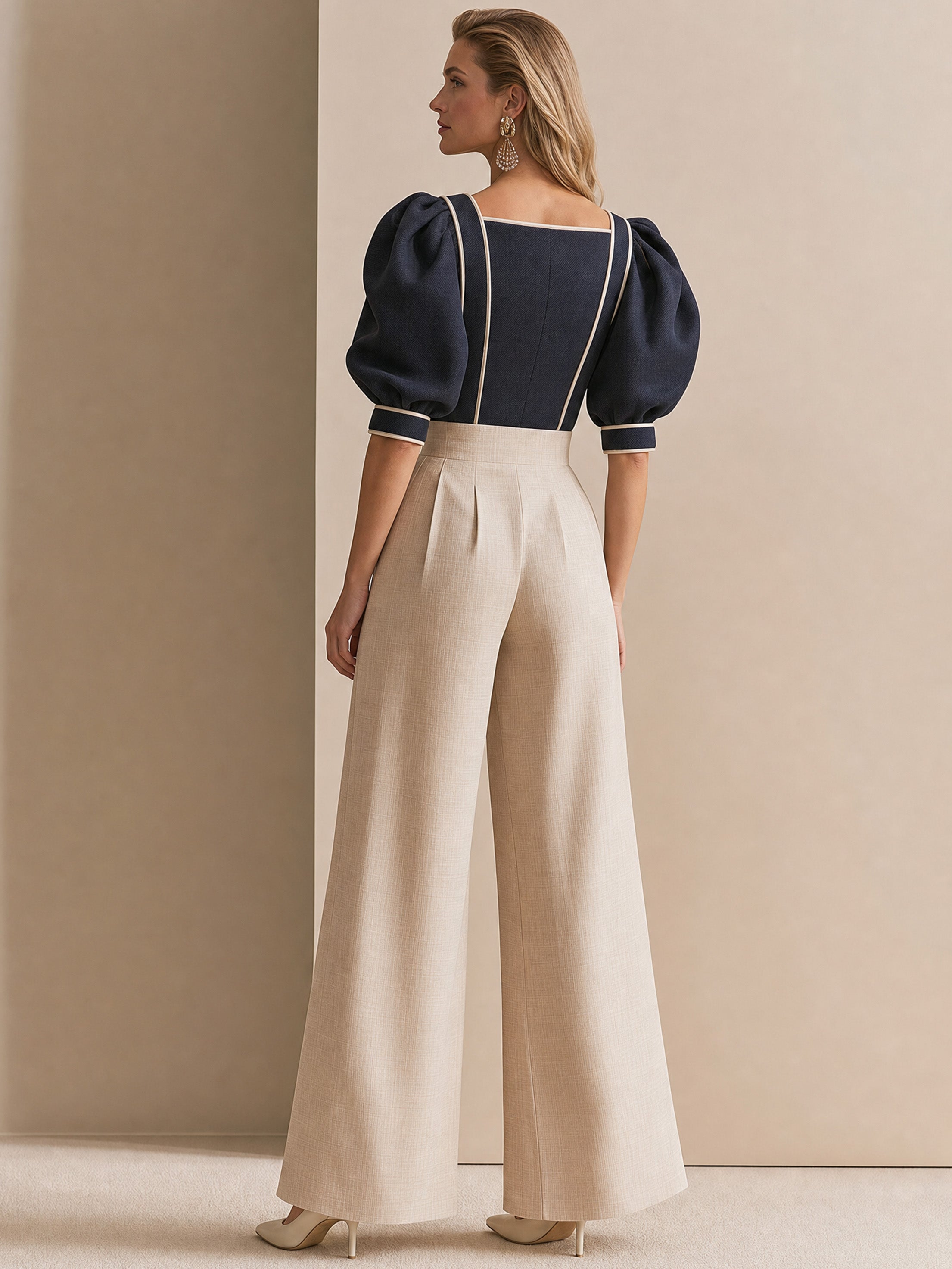 Elegant Sophisticated Contrast Trim Square Neck Waisted Draped Trouser Set