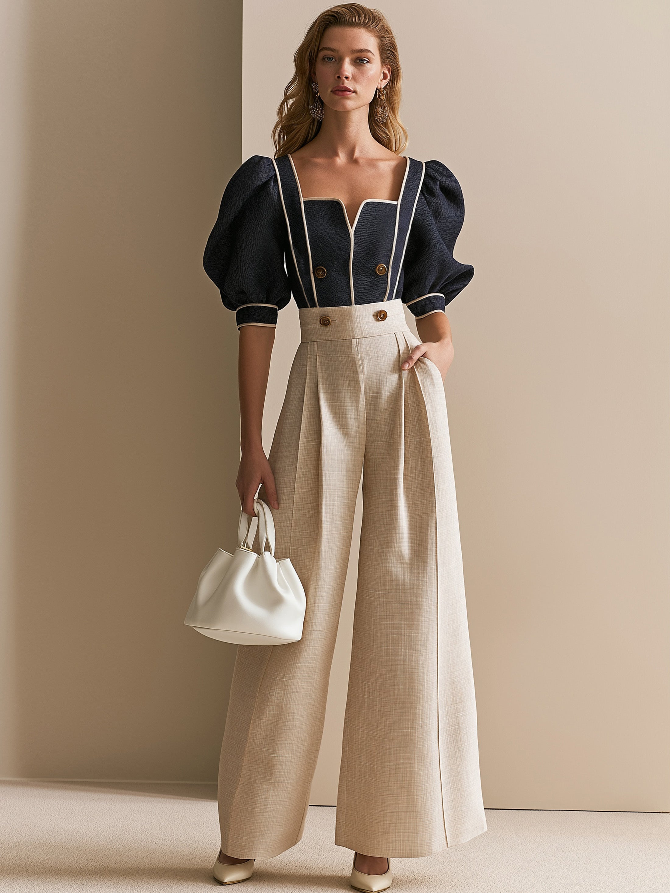 Elegant Sophisticated Contrast Trim Square Neck Waisted Draped Trouser Set