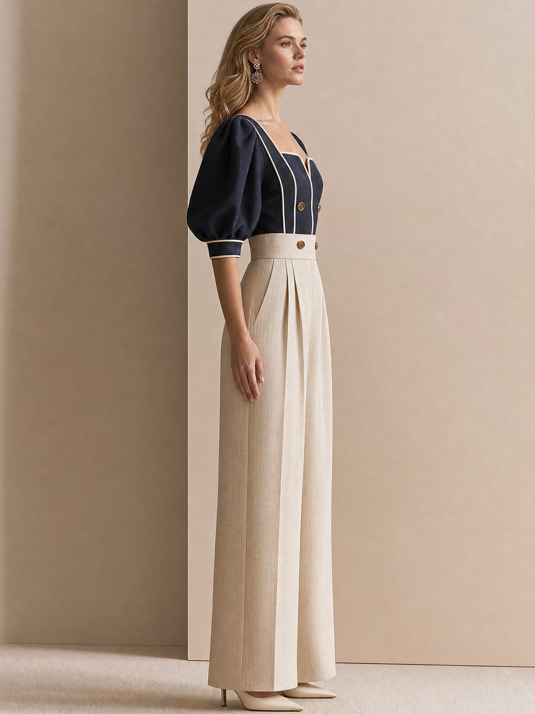 Elegant Sophisticated Contrast Trim Square Neck Waisted Draped Trouser Set