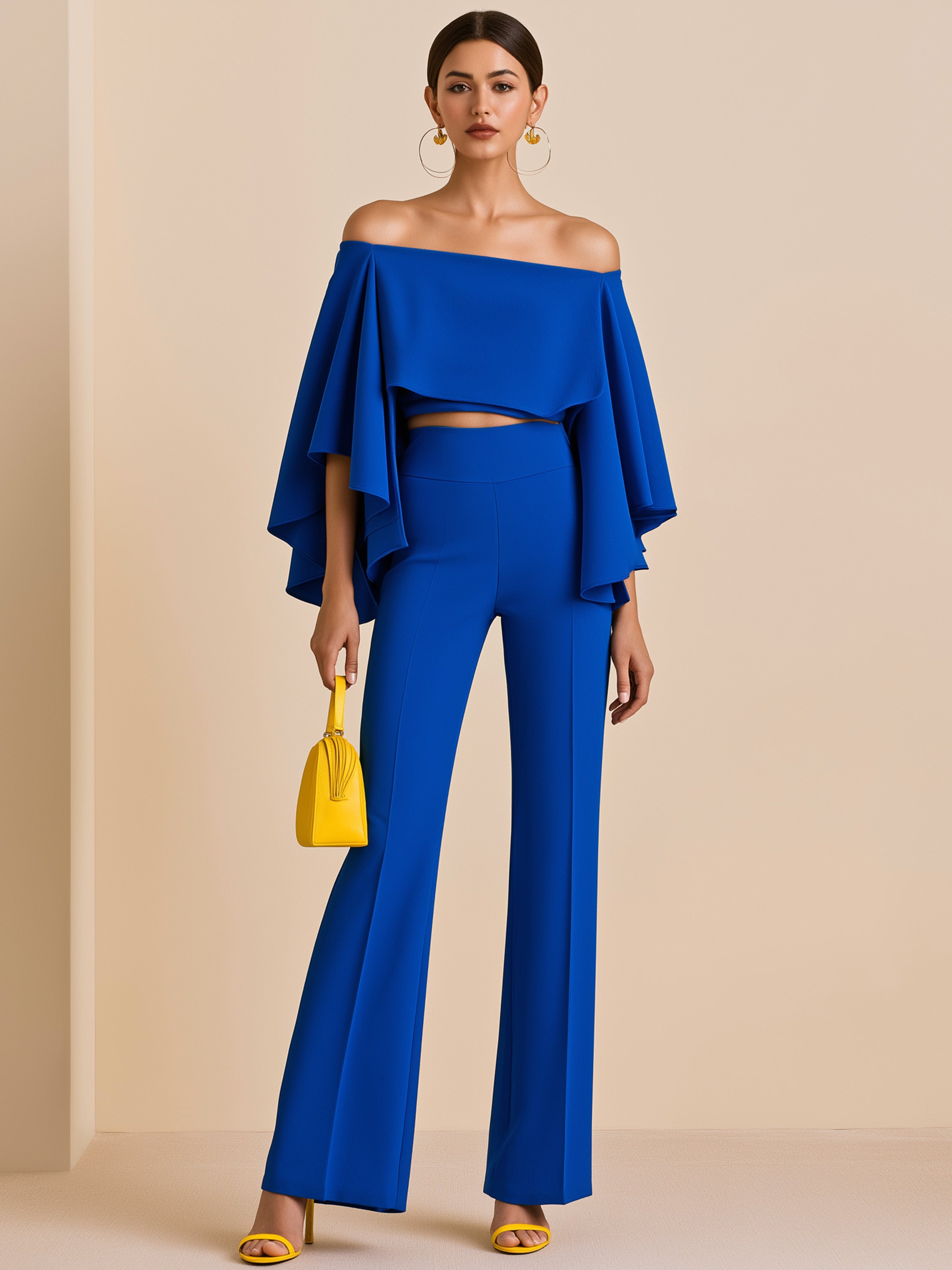 Elegant Royal Blue Cold Shoulder Ruffle Crop Flared Two-Piece Co-ord