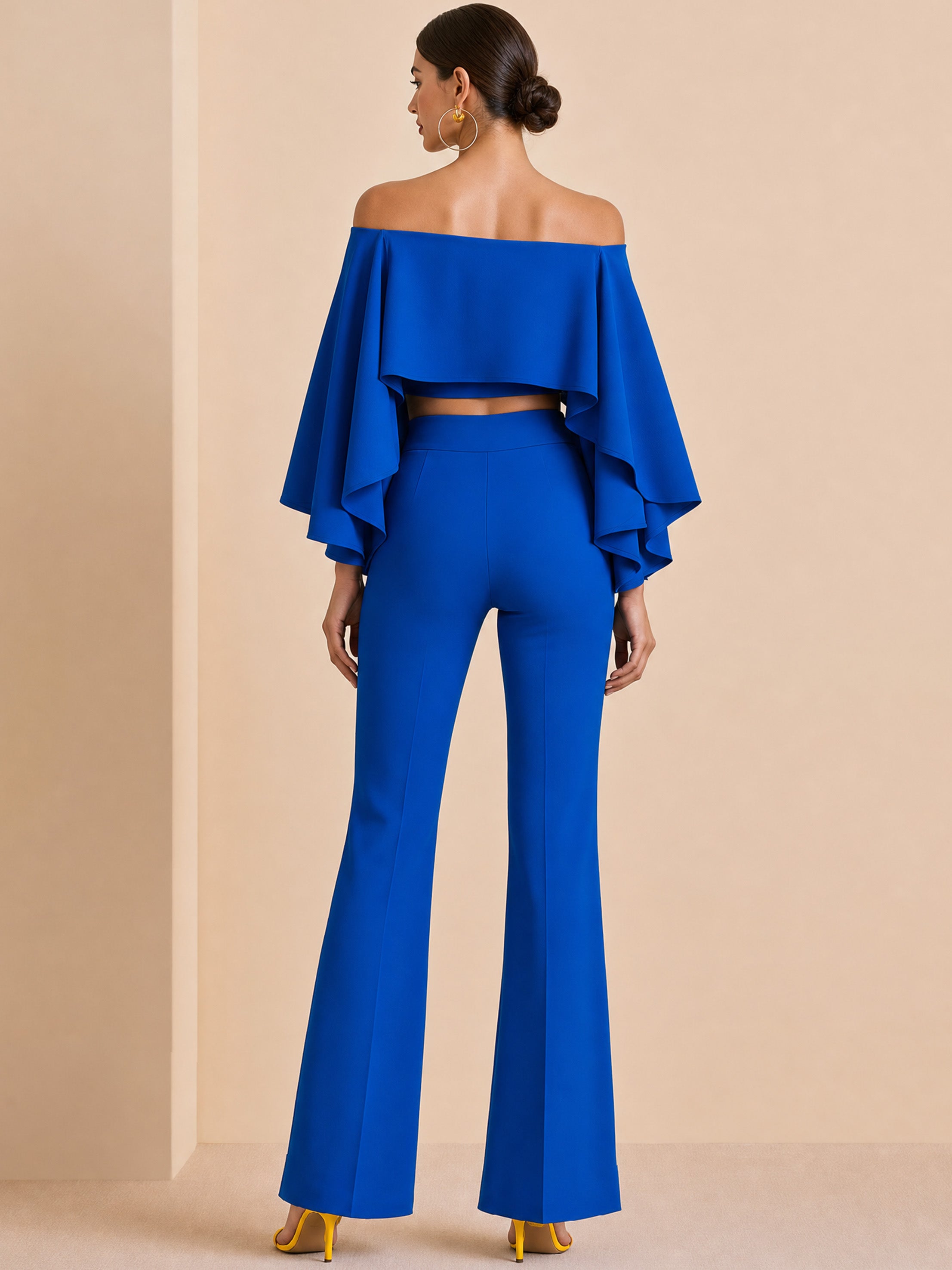 Elegant Royal Blue Cold Shoulder Ruffle Crop Flared Two-Piece Co-ord