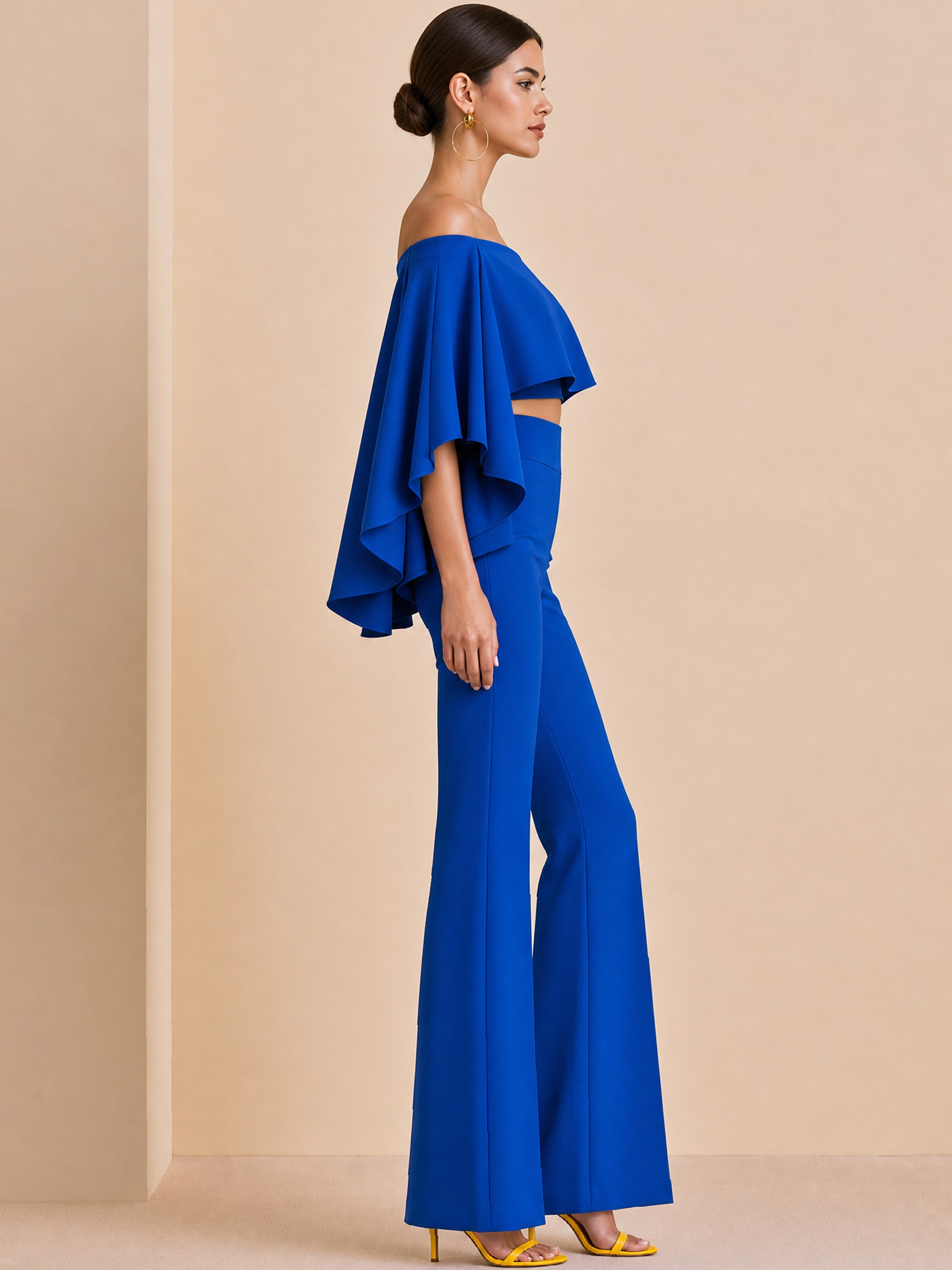 Elegant Royal Blue Cold Shoulder Ruffle Crop Flared Two-Piece Co-ord
