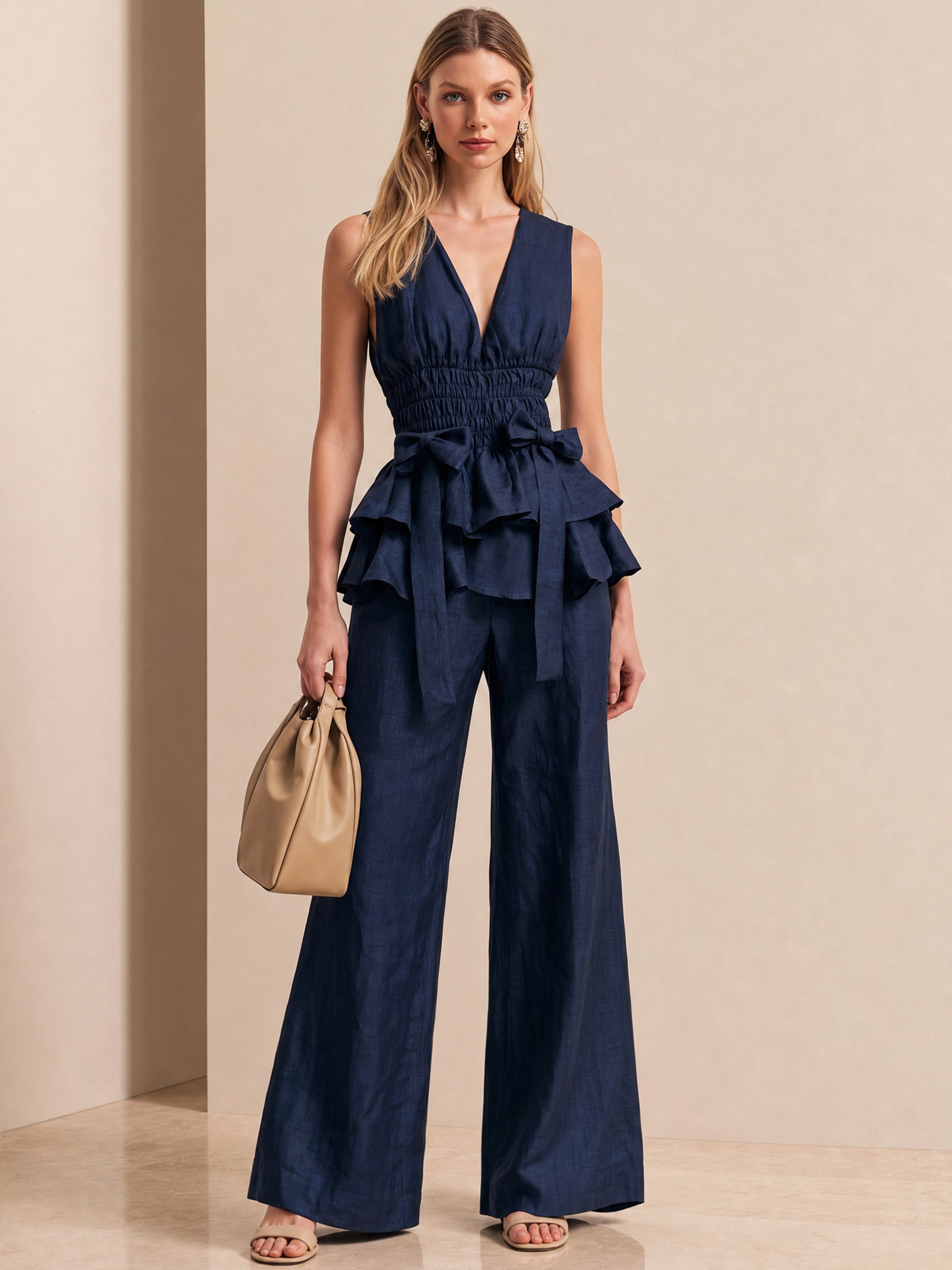 Elegant Linen Set :V Sleeveless Peplum Bodice & Wide Leg Pants