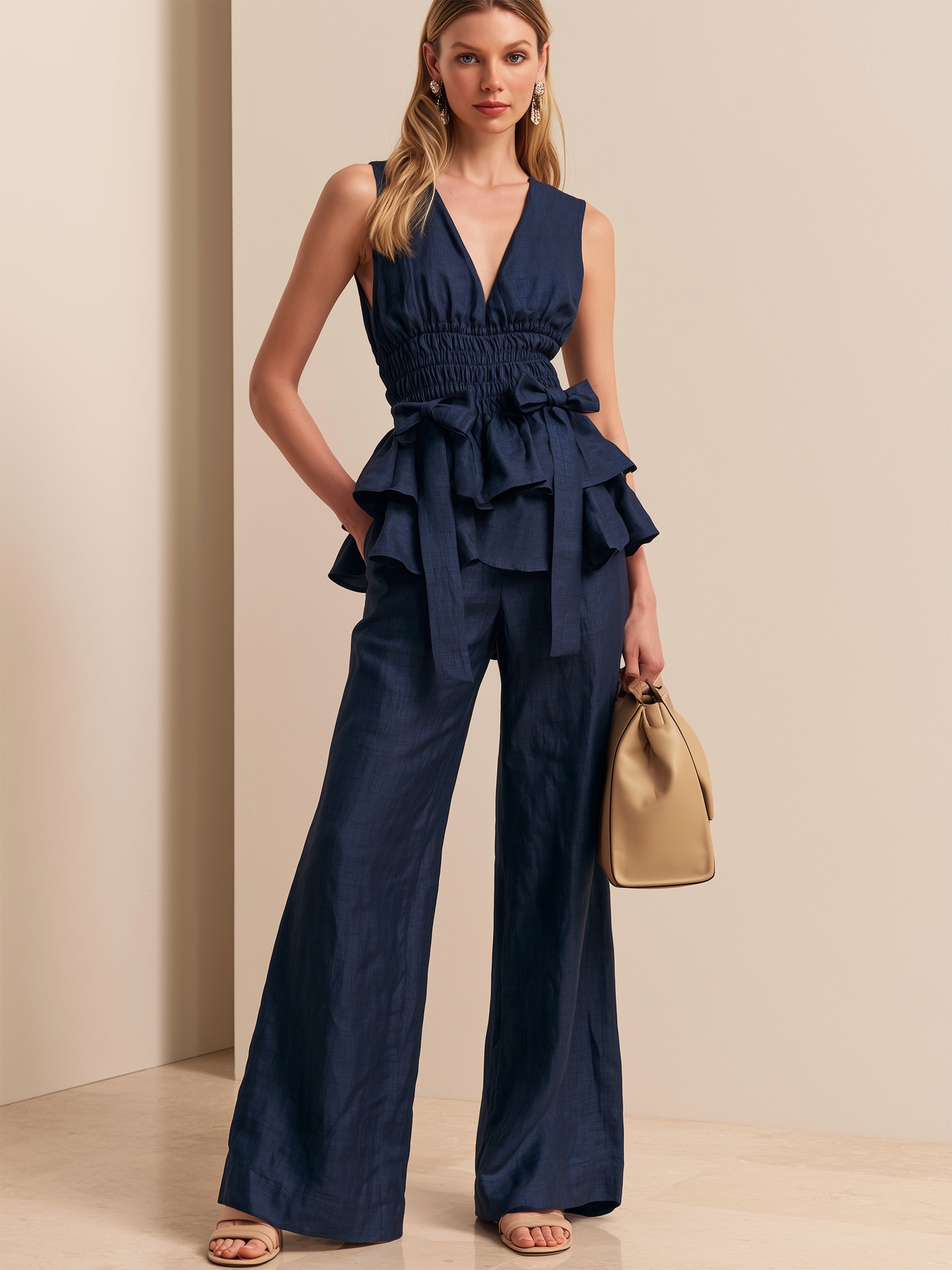 Elegant Linen Set :V Sleeveless Peplum Bodice & Wide Leg Pants