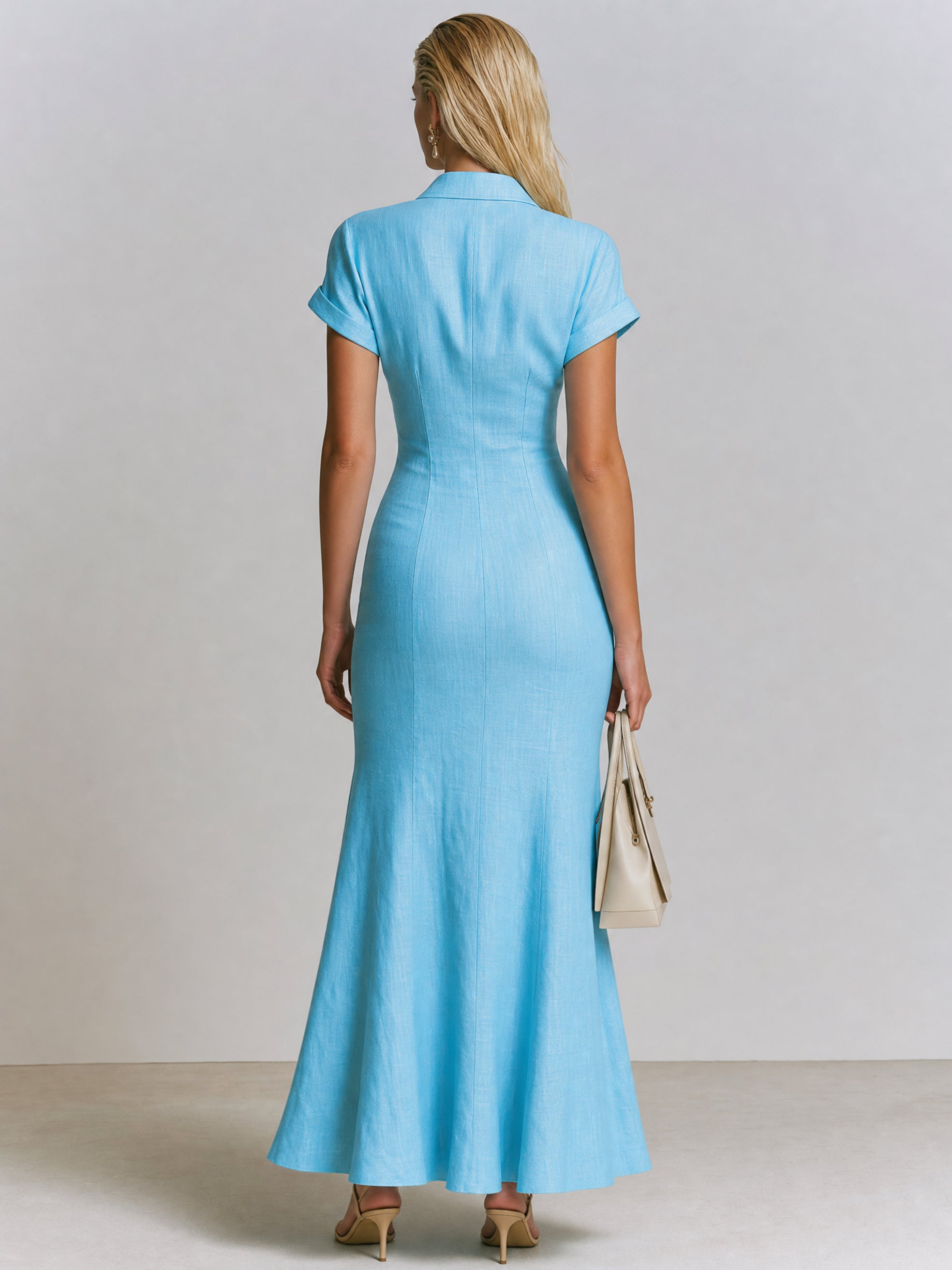 Elegant Linen Shirt Dress With Front Zip & Front Slit