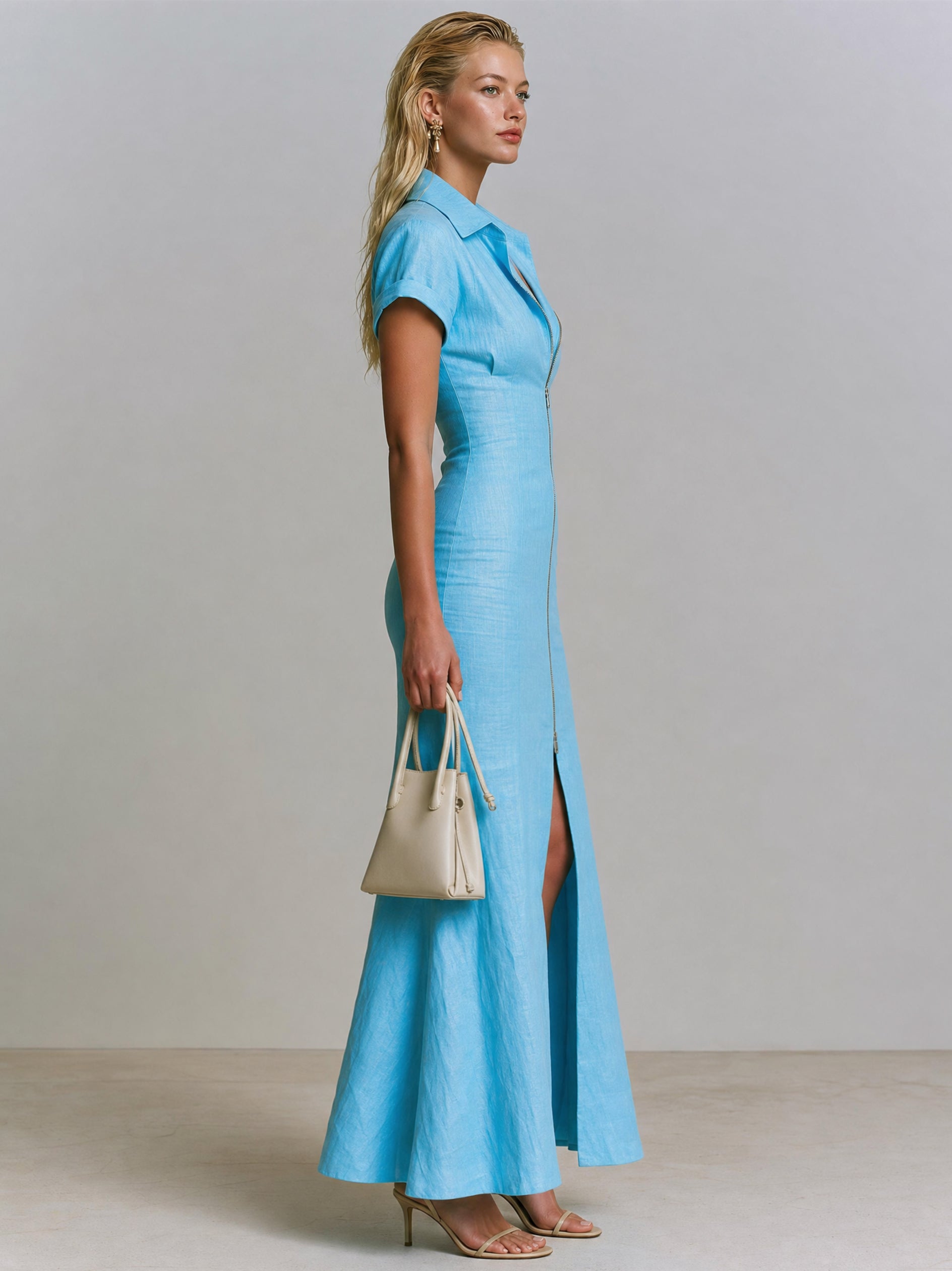 Elegant Linen Shirt Dress With Front Zip & Front Slit