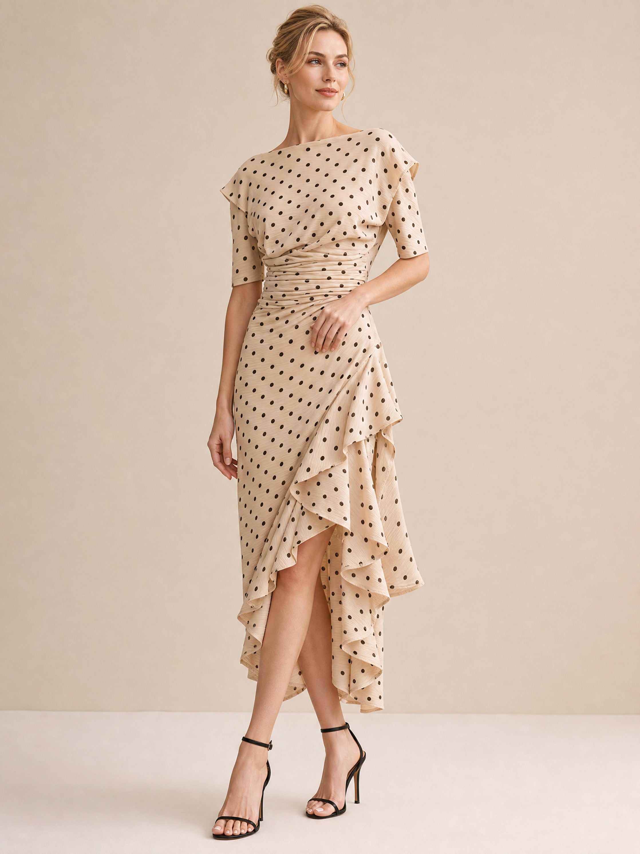 Elegant Light Apricot Polka Dot Ruched Draped Midi Dress