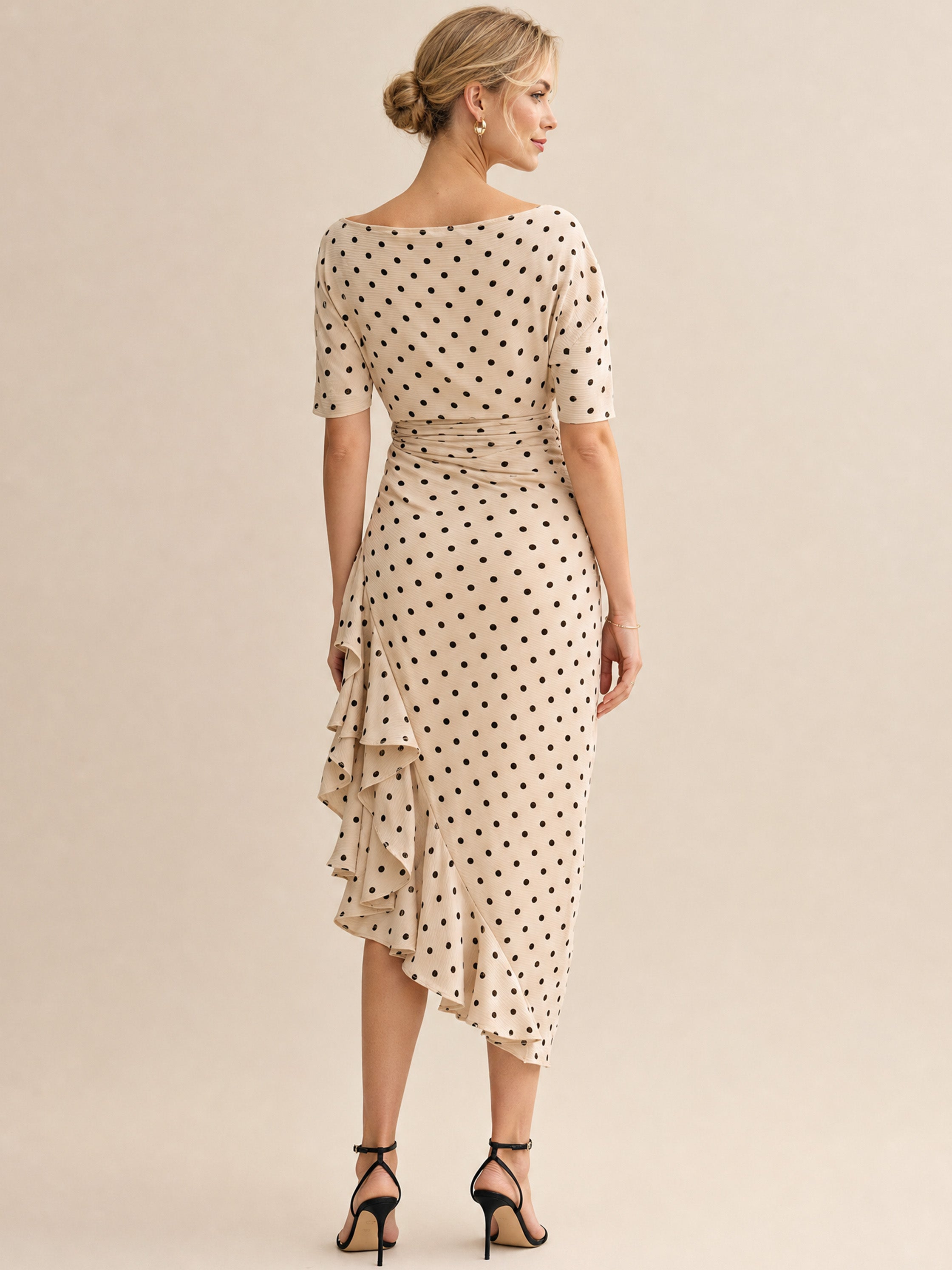 Elegant Light Apricot Polka Dot Ruched Draped Midi Dress