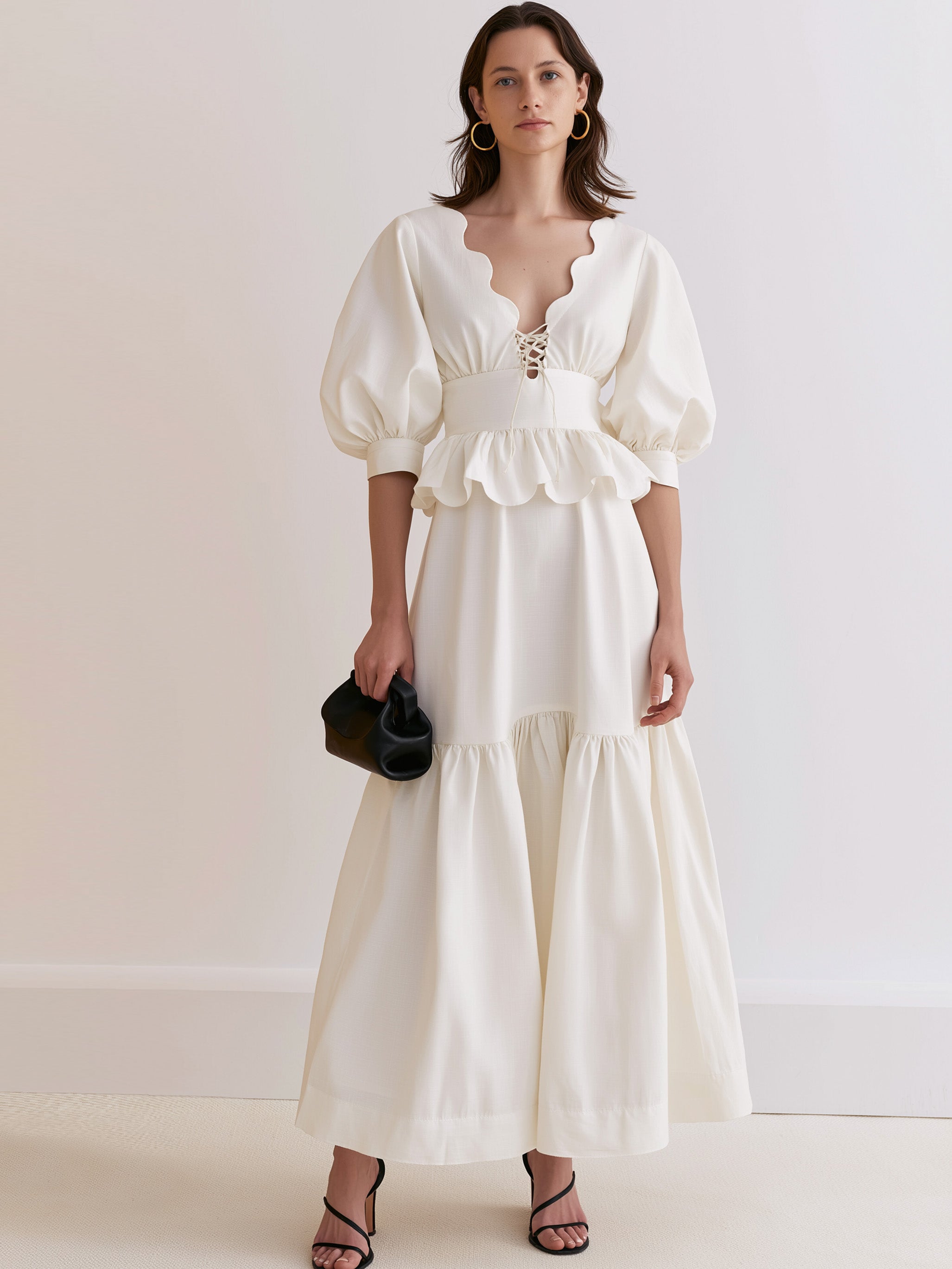 Elegant White Scalloped Lace-Up Puff Sleeve Tiered Maxi Two-Piece Set
