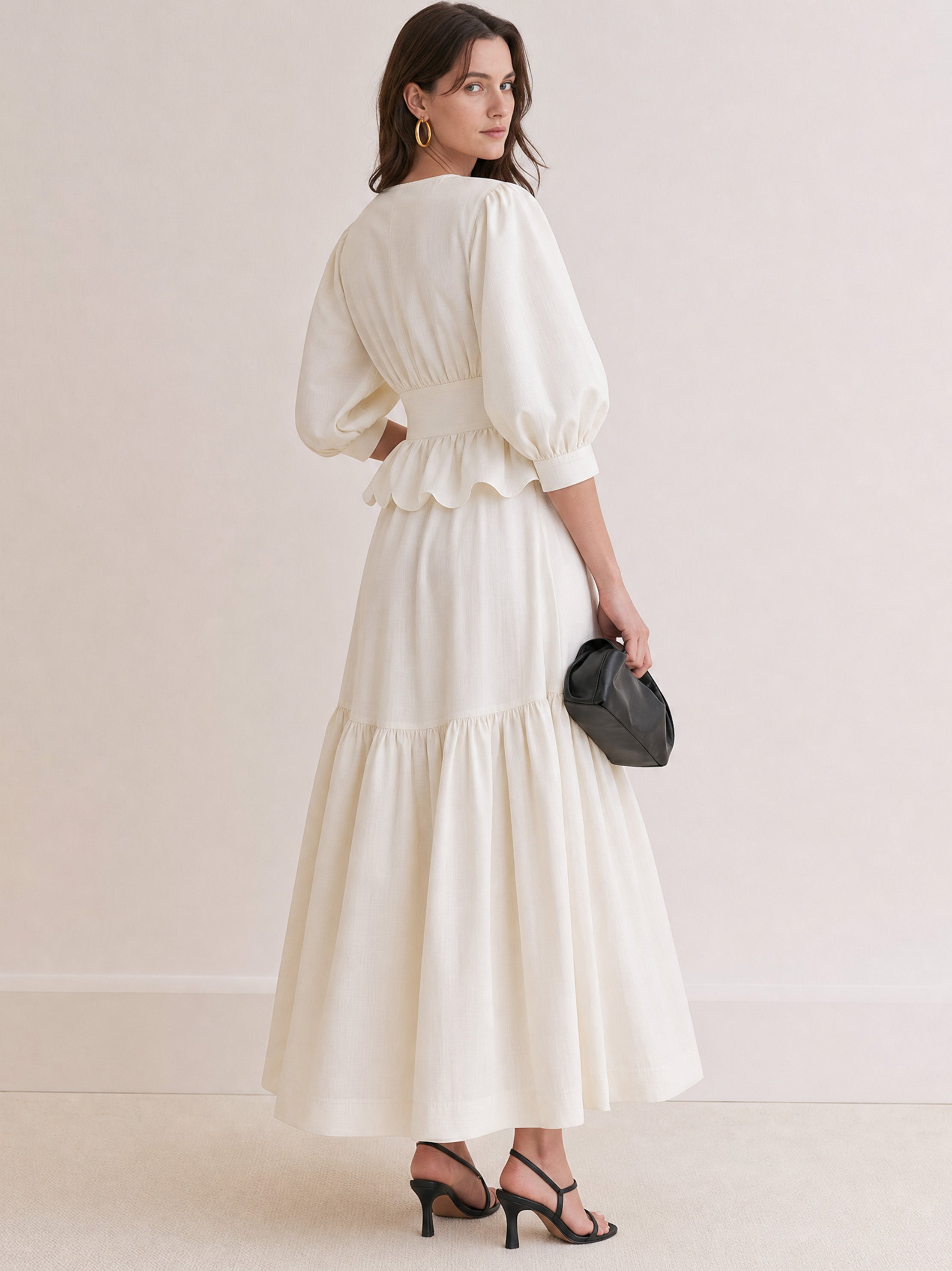 Elegant White Scalloped Lace-Up Puff Sleeve Tiered Maxi Two-Piece Set