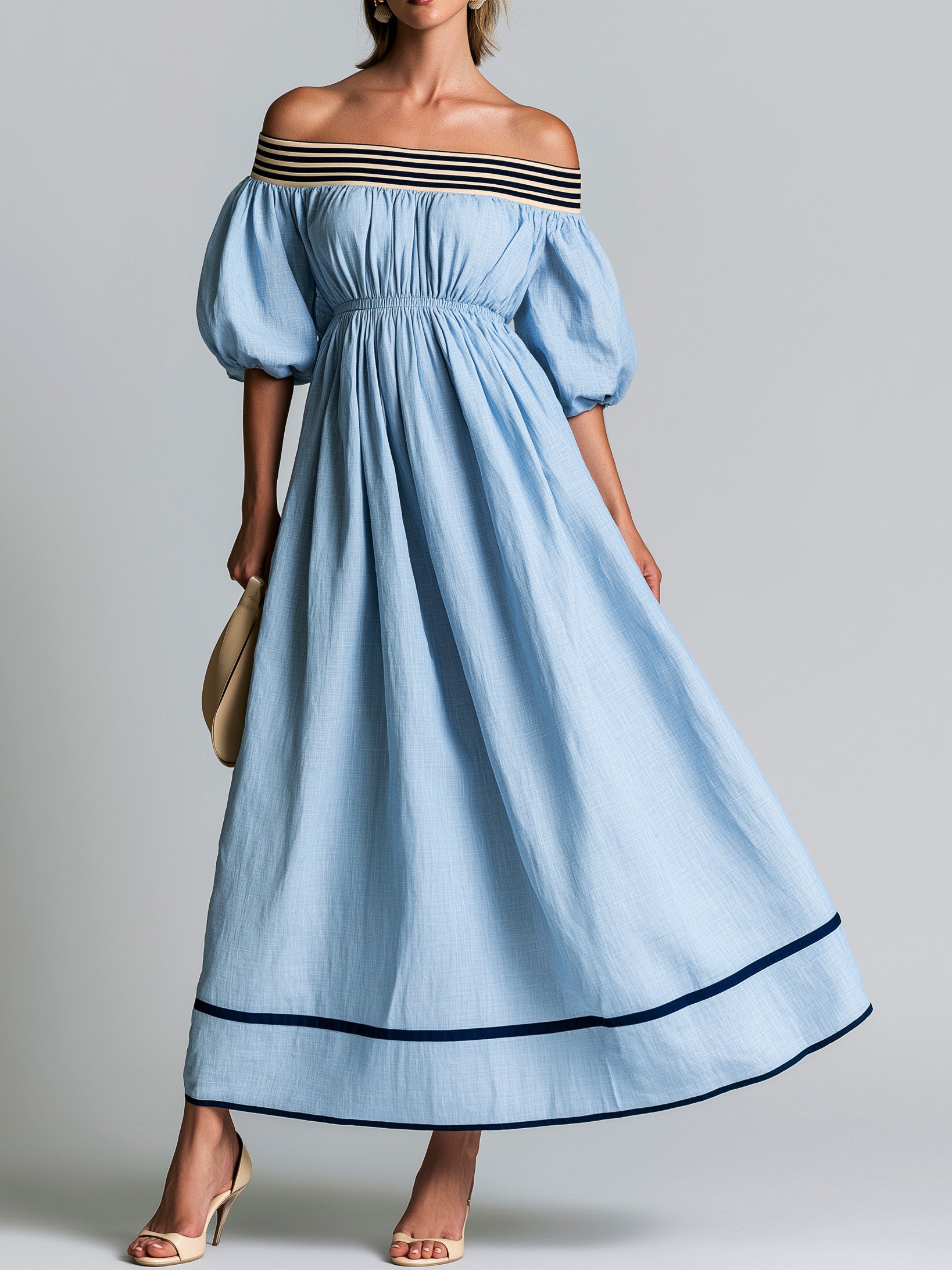 Elegant Blue Cotton-linen Maxi Dress ： Strapless, Short-sleeve Design.