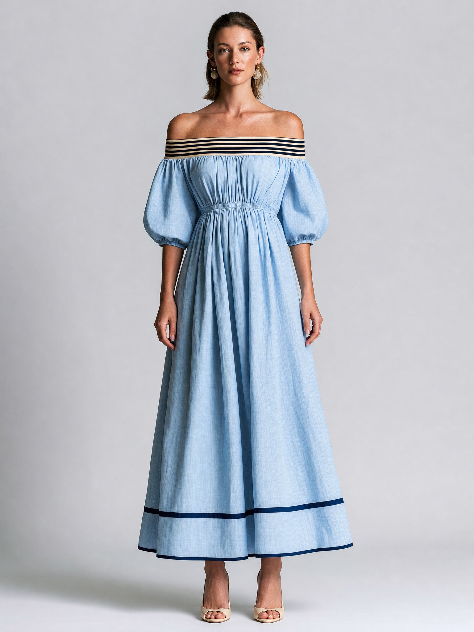 Elegant Blue Cotton-linen Maxi Dress ： Strapless, Short-sleeve Design.