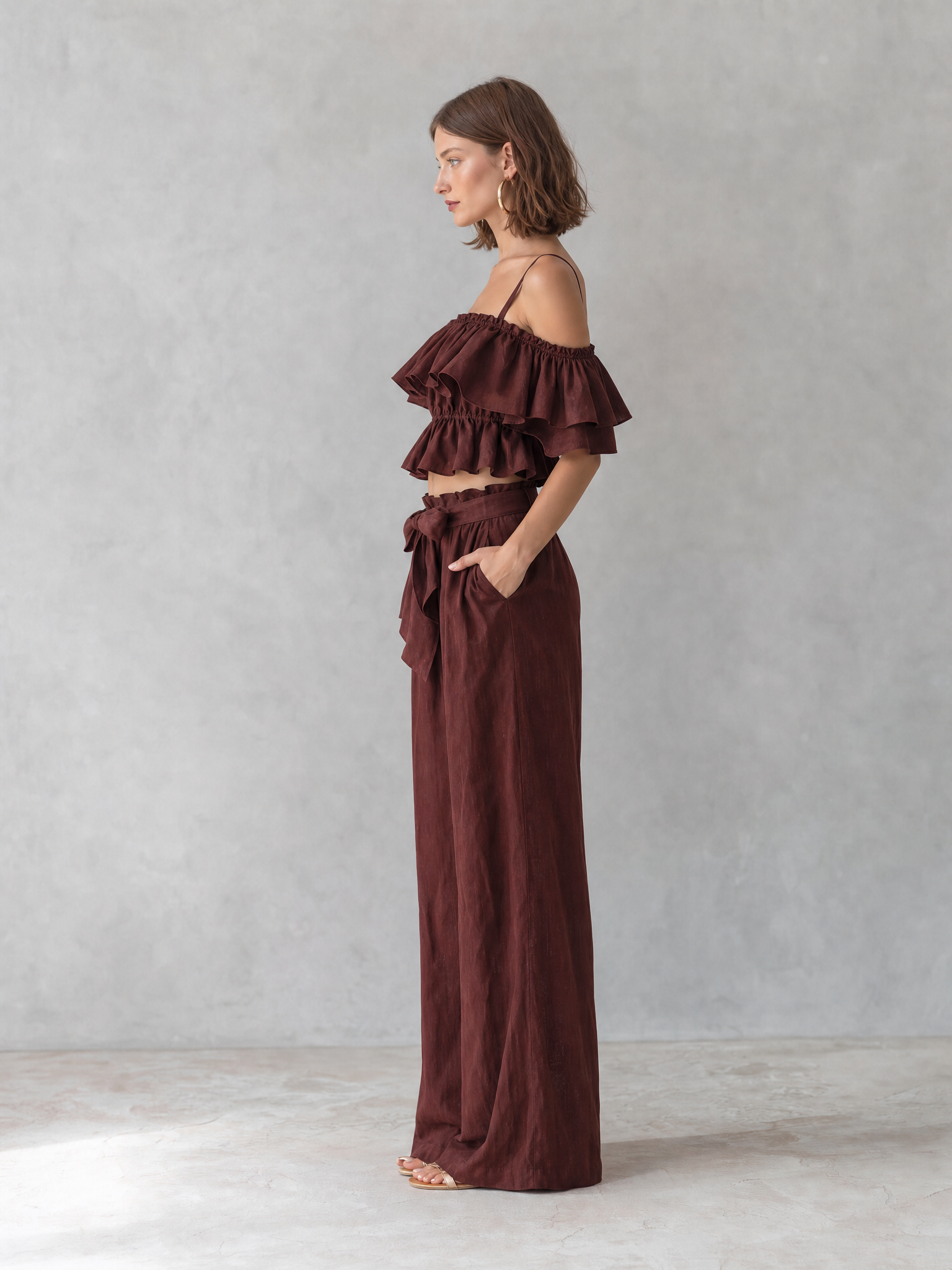 Burgundy Linen Off-the-shoulder Ruffle Set