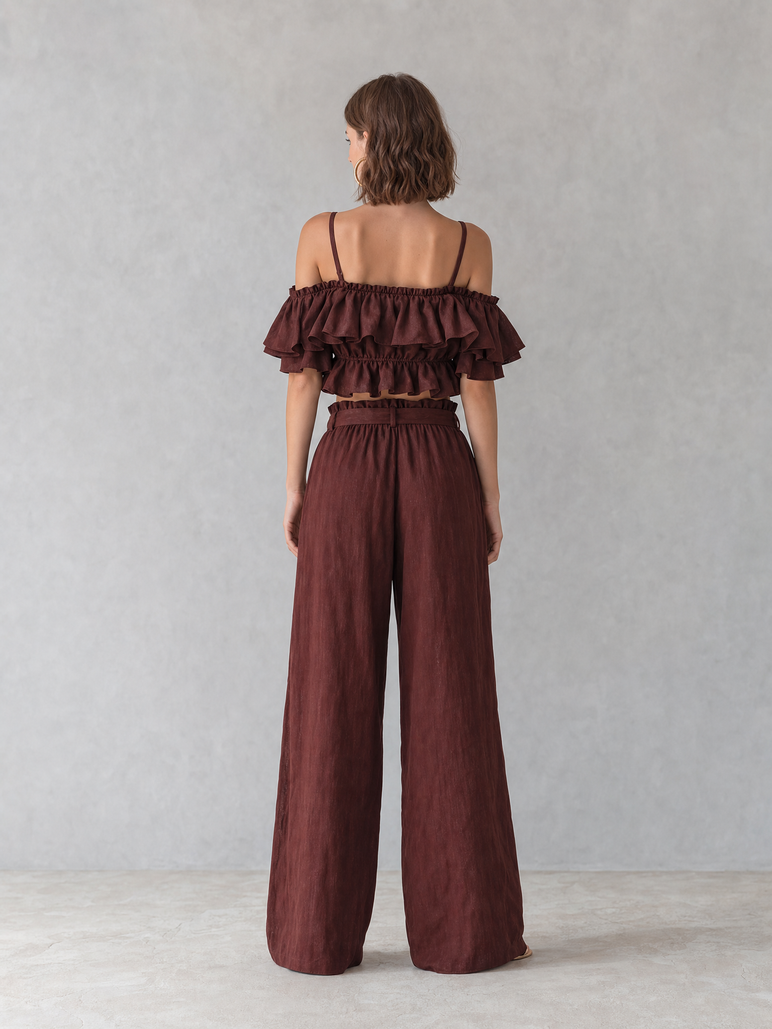 Burgundy Linen Off-the-shoulder Ruffle Set