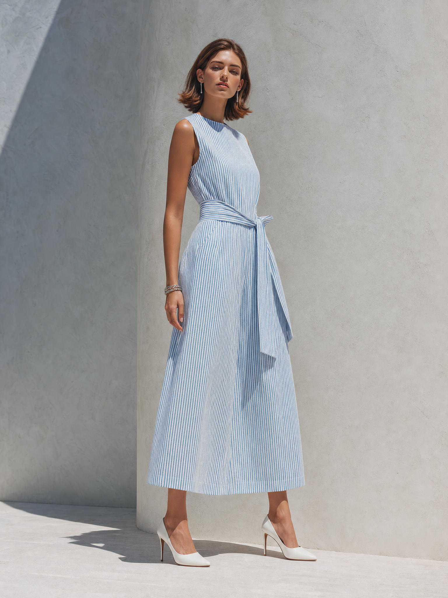 Premium Striped Straight-Cut Lace-Up Dress