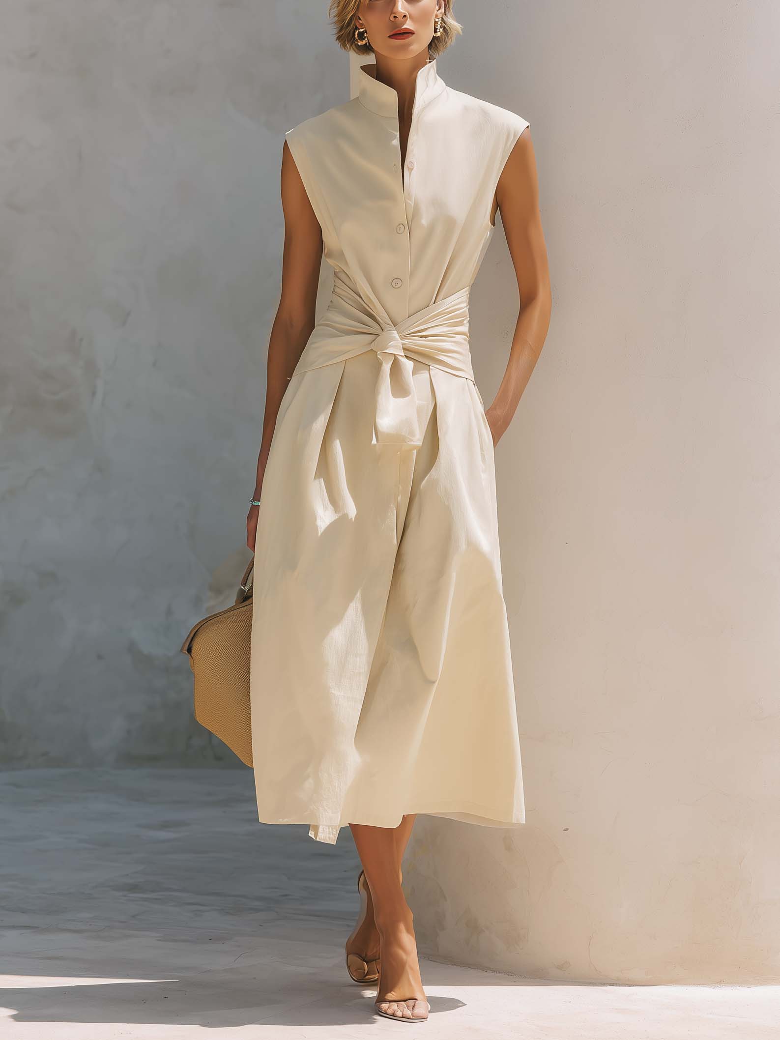 Minimalist White Straight-cut Dress With A Stand Collar