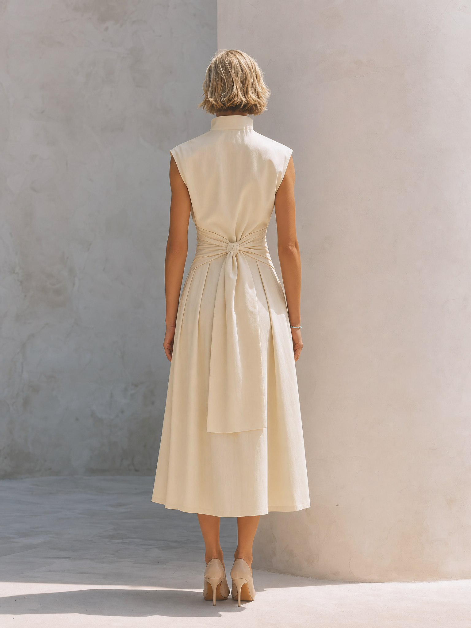 Minimalist White Straight-cut Dress With A Stand Collar
