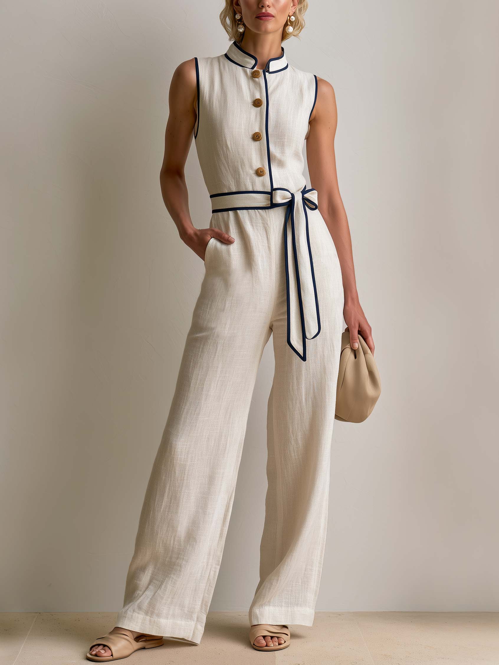 Off-white Sleeveless Mandarin-collar Set With Linen Piping