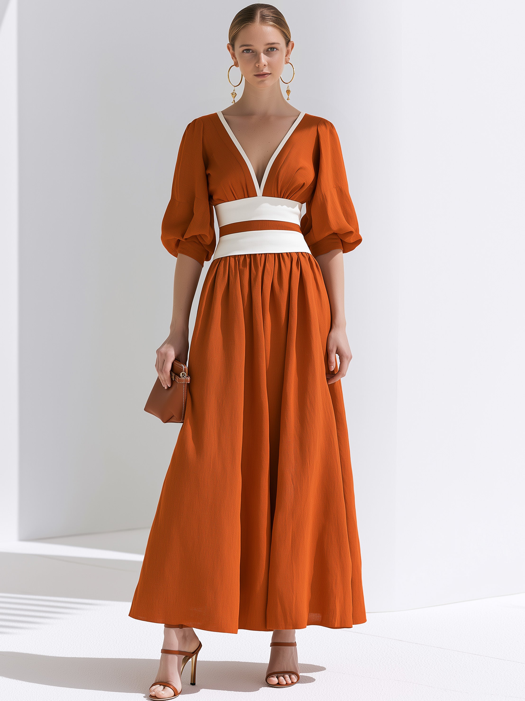Elegant Warm Tangerine Contrast Waist Deep V Flowy Midi Dress