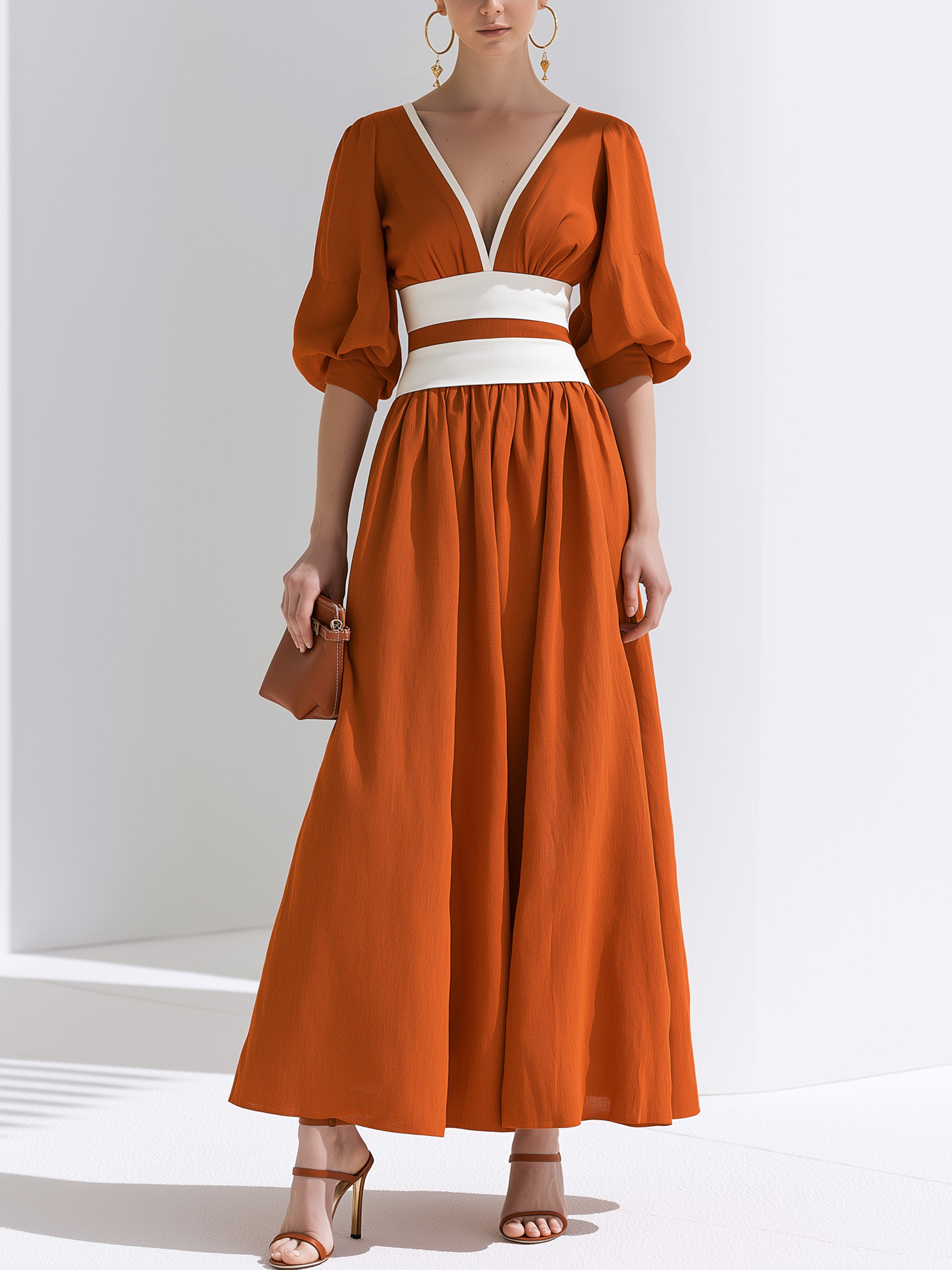 Elegant Warm Tangerine Contrast Waist Deep V Flowy Midi Dress