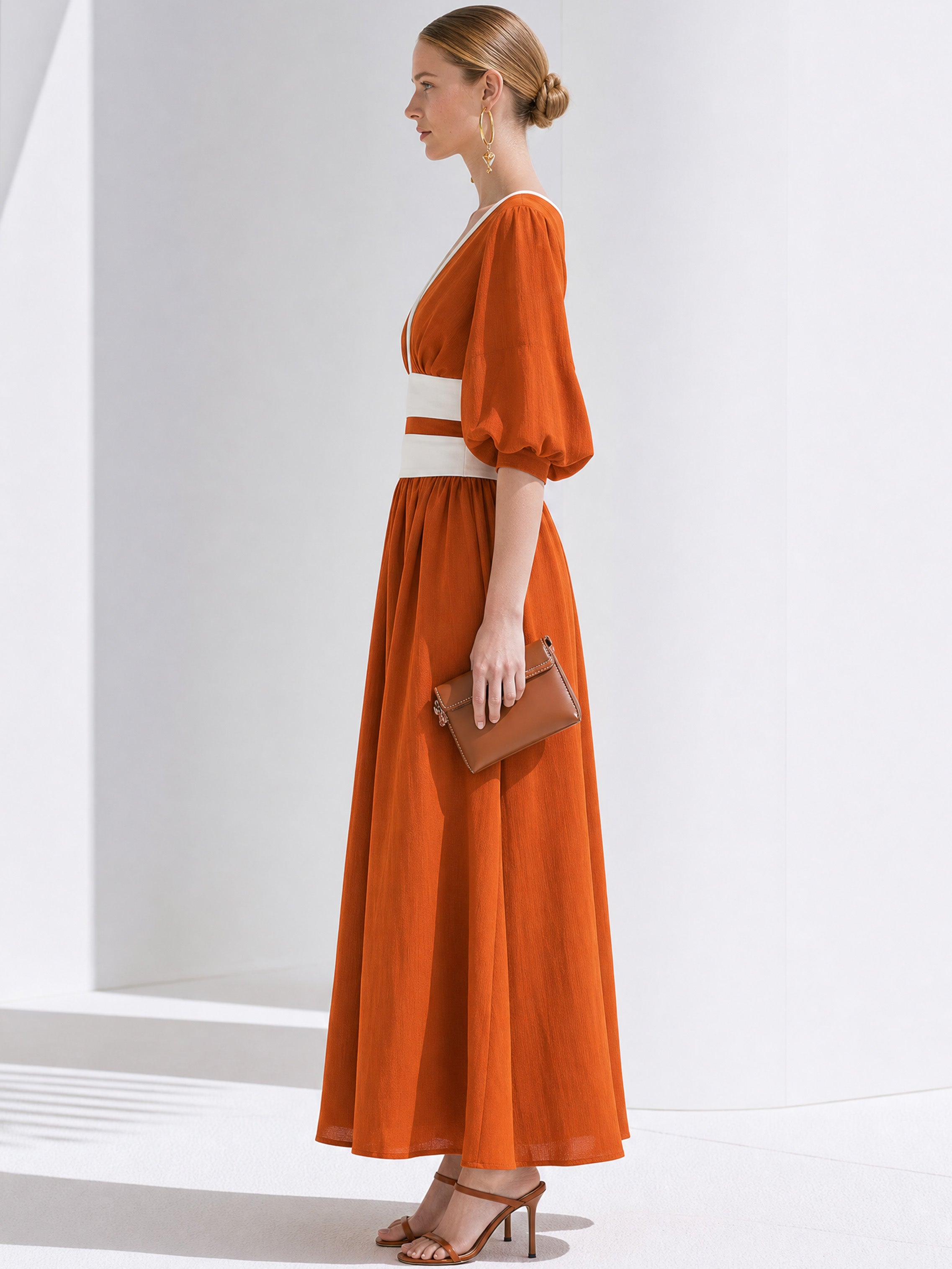 Elegant Warm Tangerine Contrast Waist Deep V Flowy Midi Dress