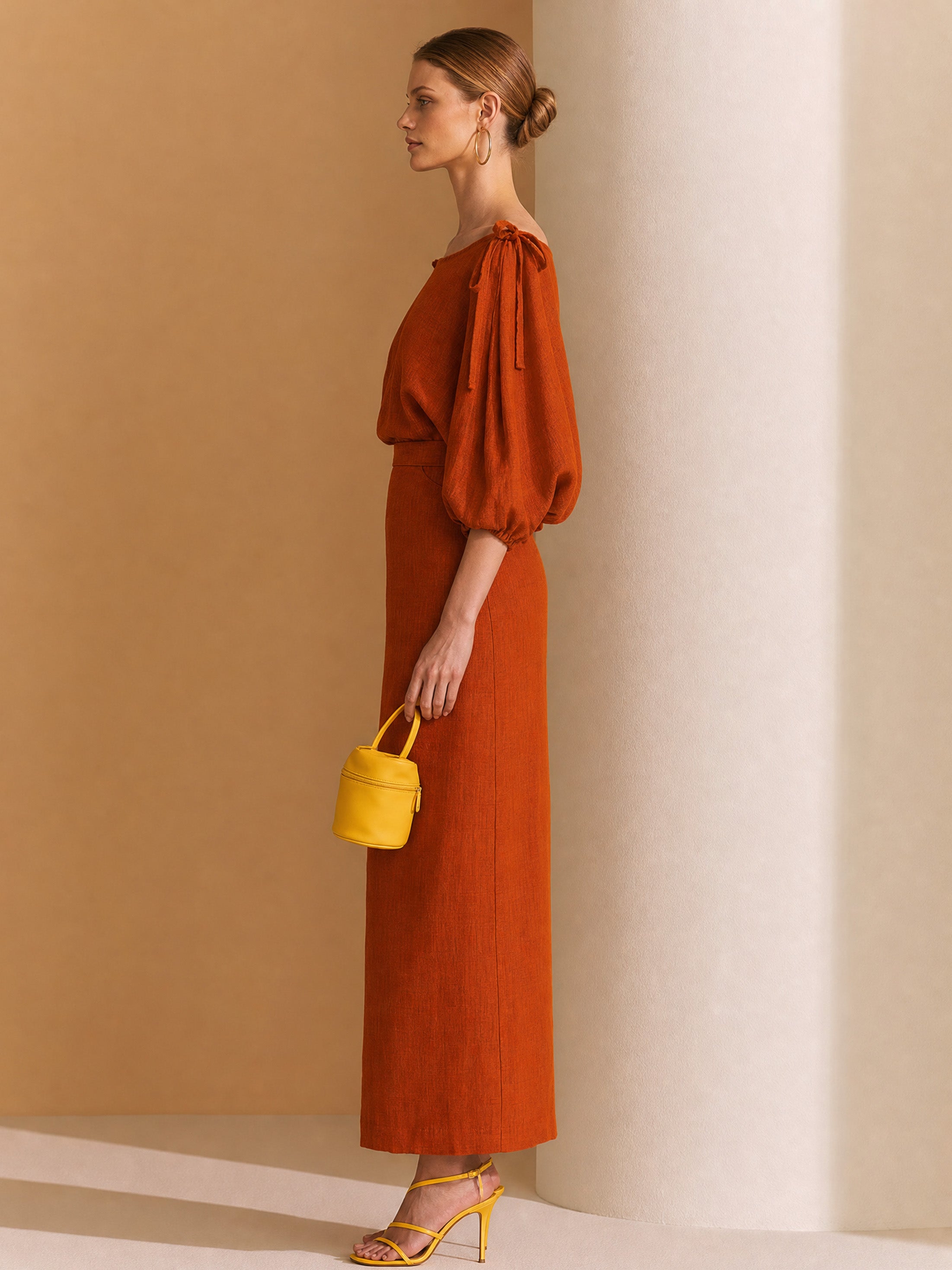Elegant Pumpkin Orange Cold Shoulder Puff Sleeve Linen Midi Co-ord