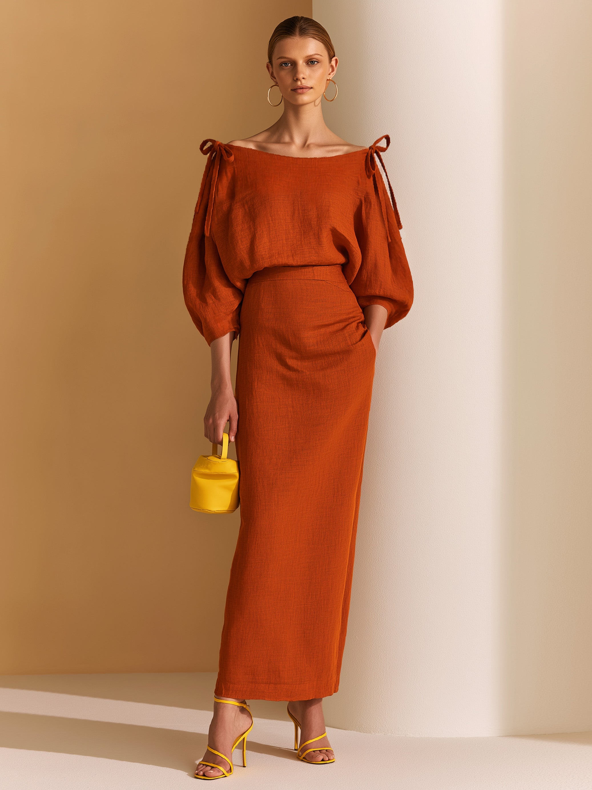 Elegant Pumpkin Orange Cold Shoulder Puff Sleeve Linen Midi Co-ord