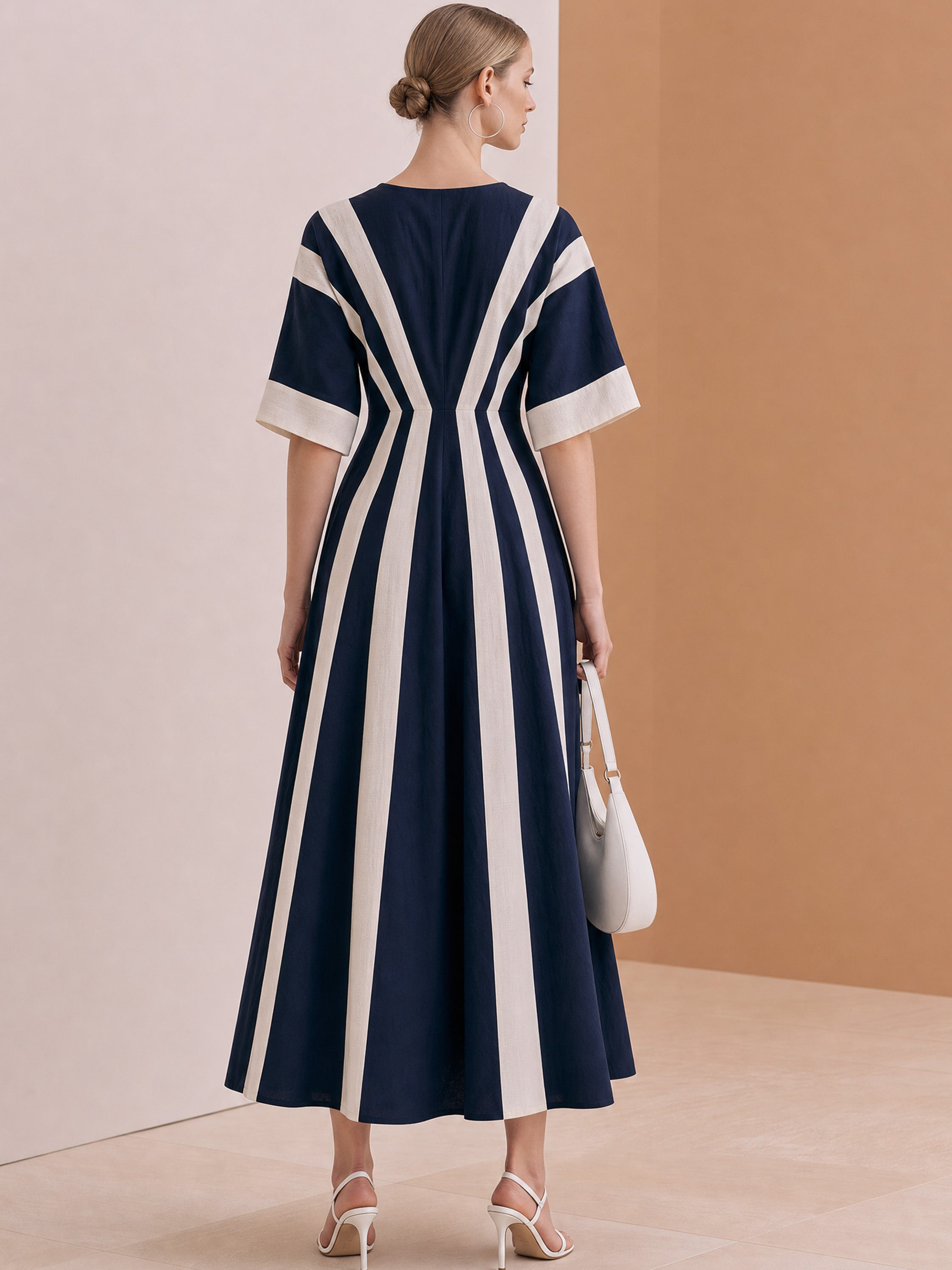 Elegant Navy Ivory Color Block V-Neck Flared Linen Midi Dress
