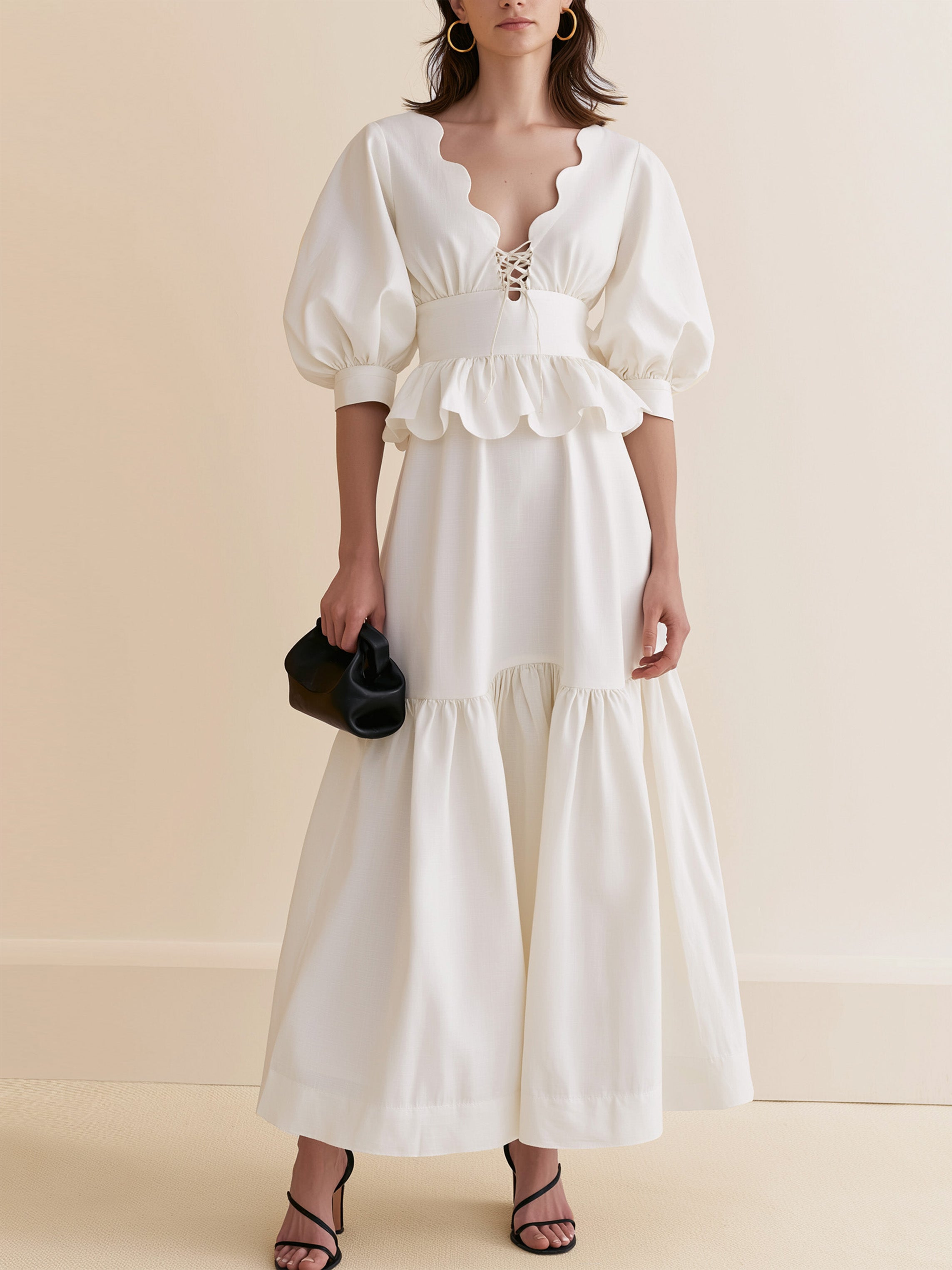 Elegant White Scalloped Lace-Up Puff Sleeve Tiered Maxi Two-Piece Set