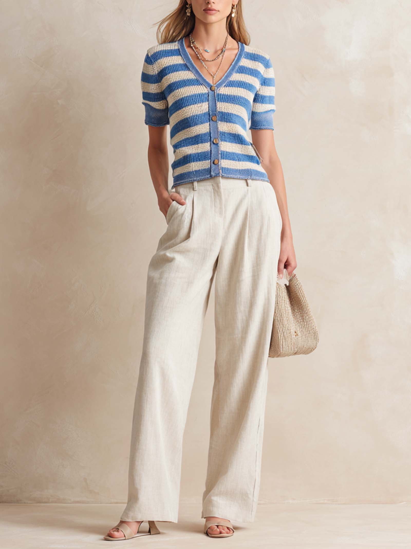 Blue And White Knitted Short-sleeve Cardigan Set
