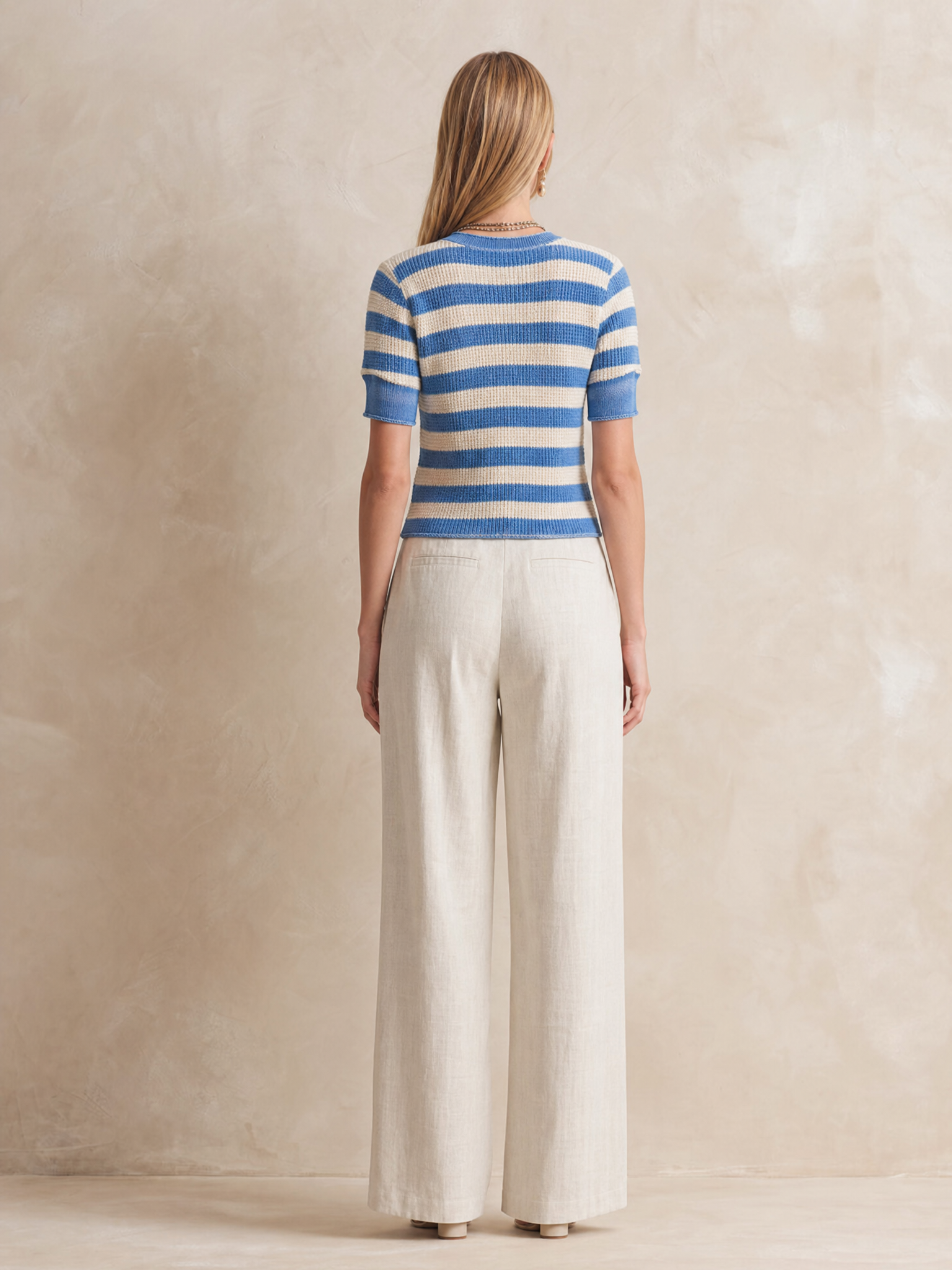 Blue And White Knitted Short-sleeve Cardigan Set